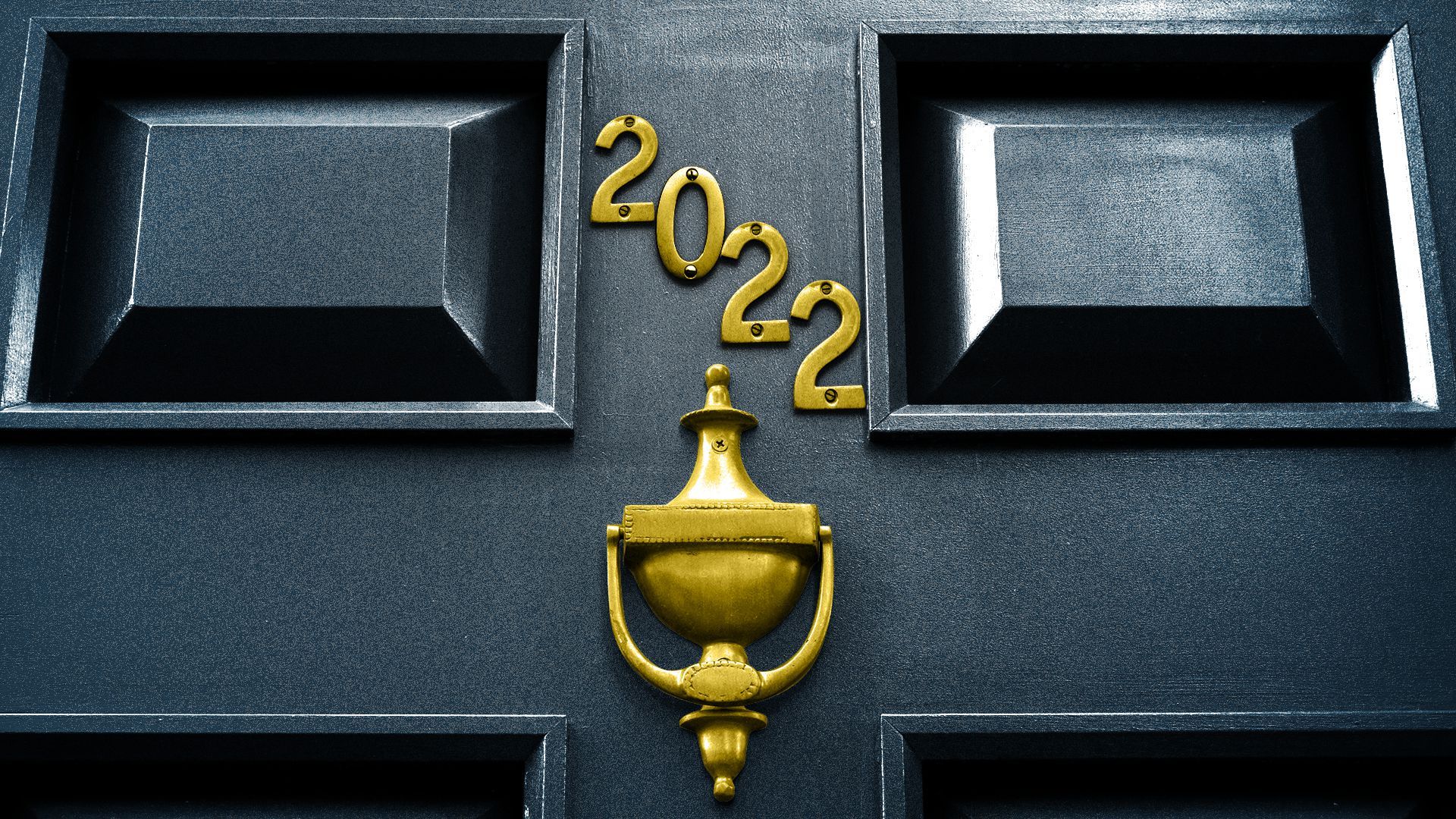 Illustration of a front door to a house with a door knocker and the number 2022 on it.
