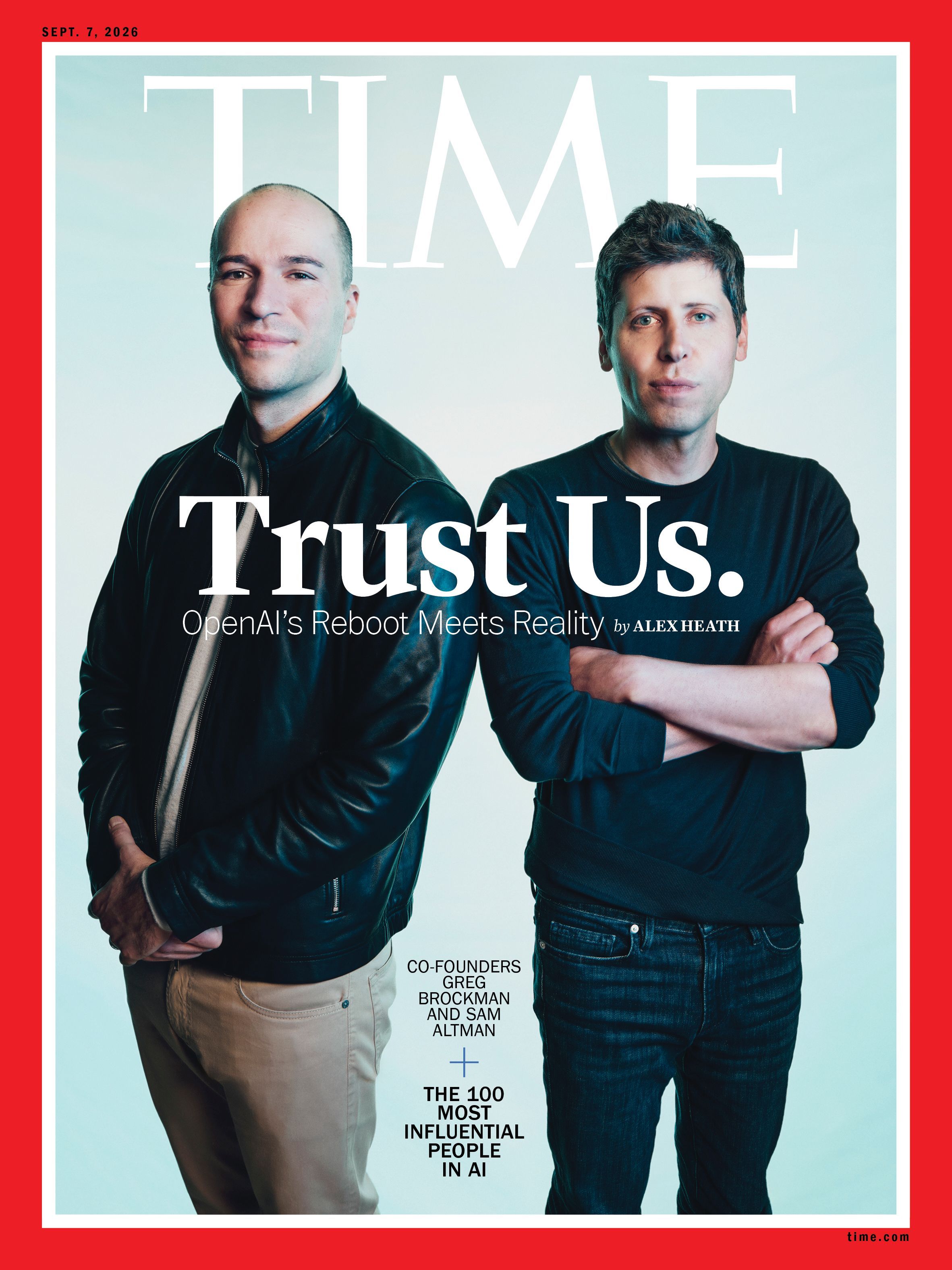 Time magazine cover featuring two men standing side by side against a pale blue background, large white "TIME" behind them, red border; headline "Trust Us." with subtitle "OpenAI's Reboot Meets Reality".