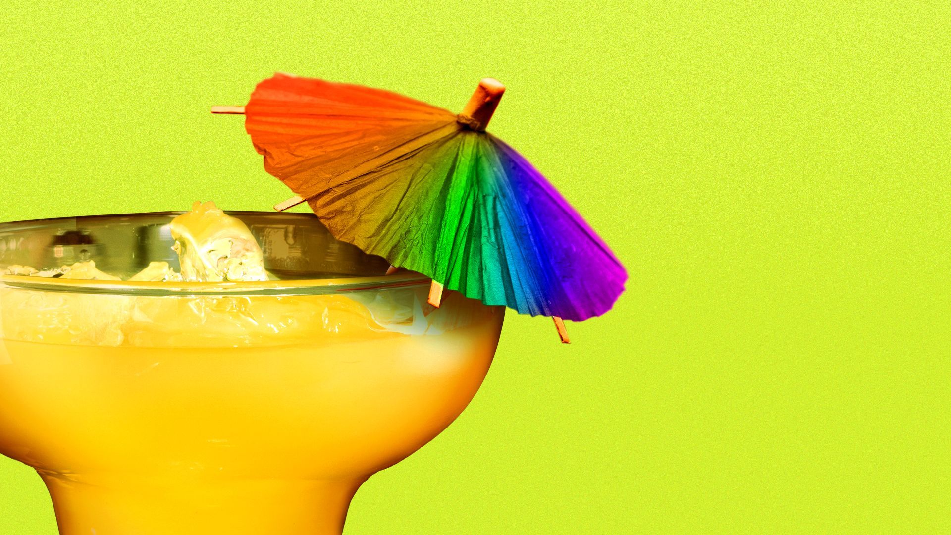 Illustration of a margarita with a rainbow umbrella sticking out of the top.