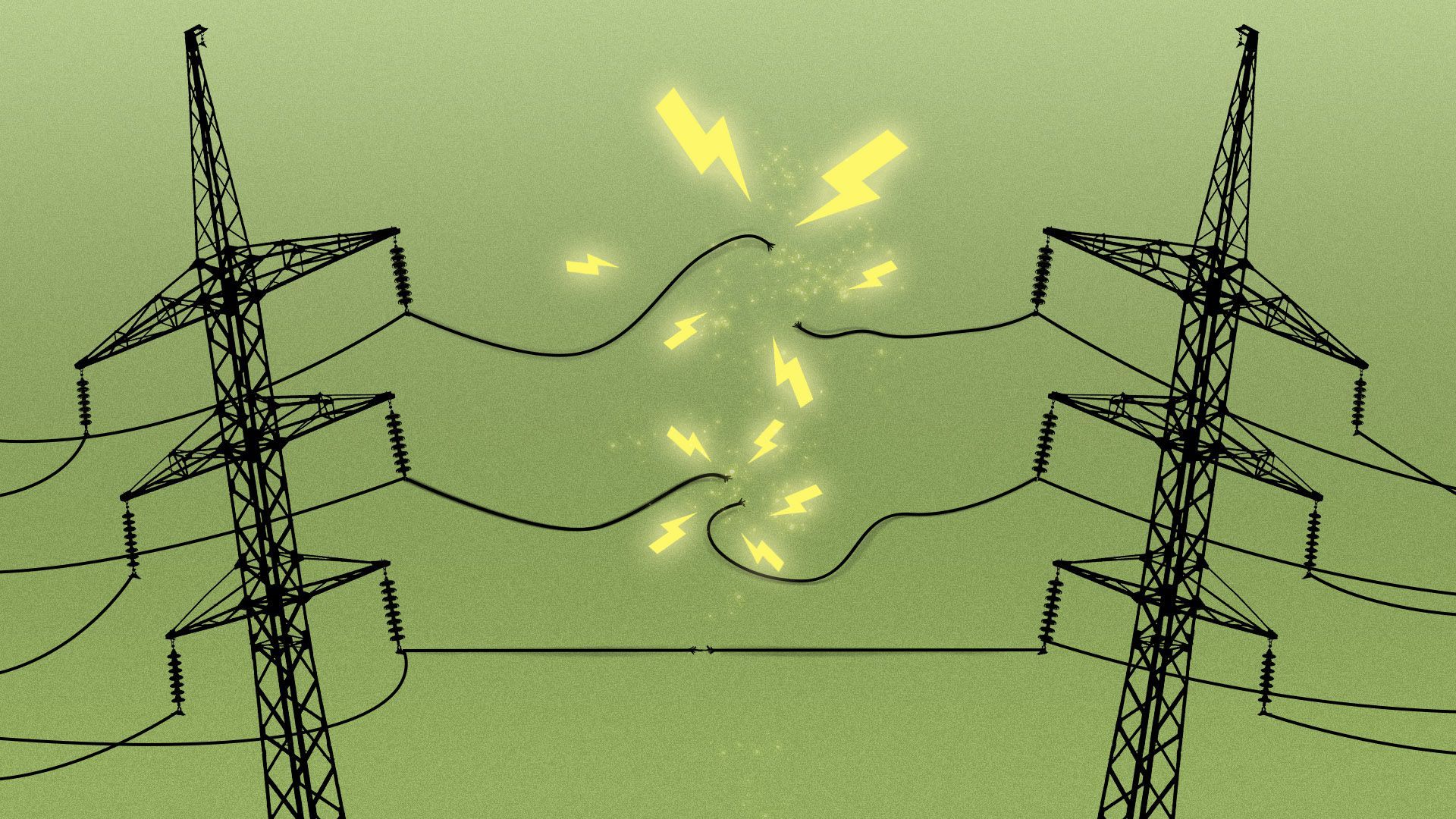 Illustration of two power line towers angling away from each other with lines snapping