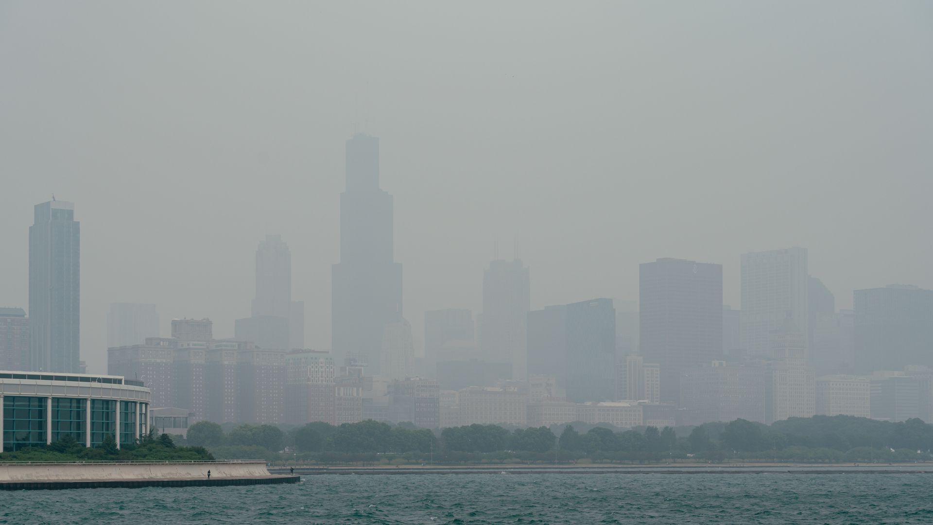 The skyline of Chicago seen obscured from wildfire smoke coming from Canada on June 27.