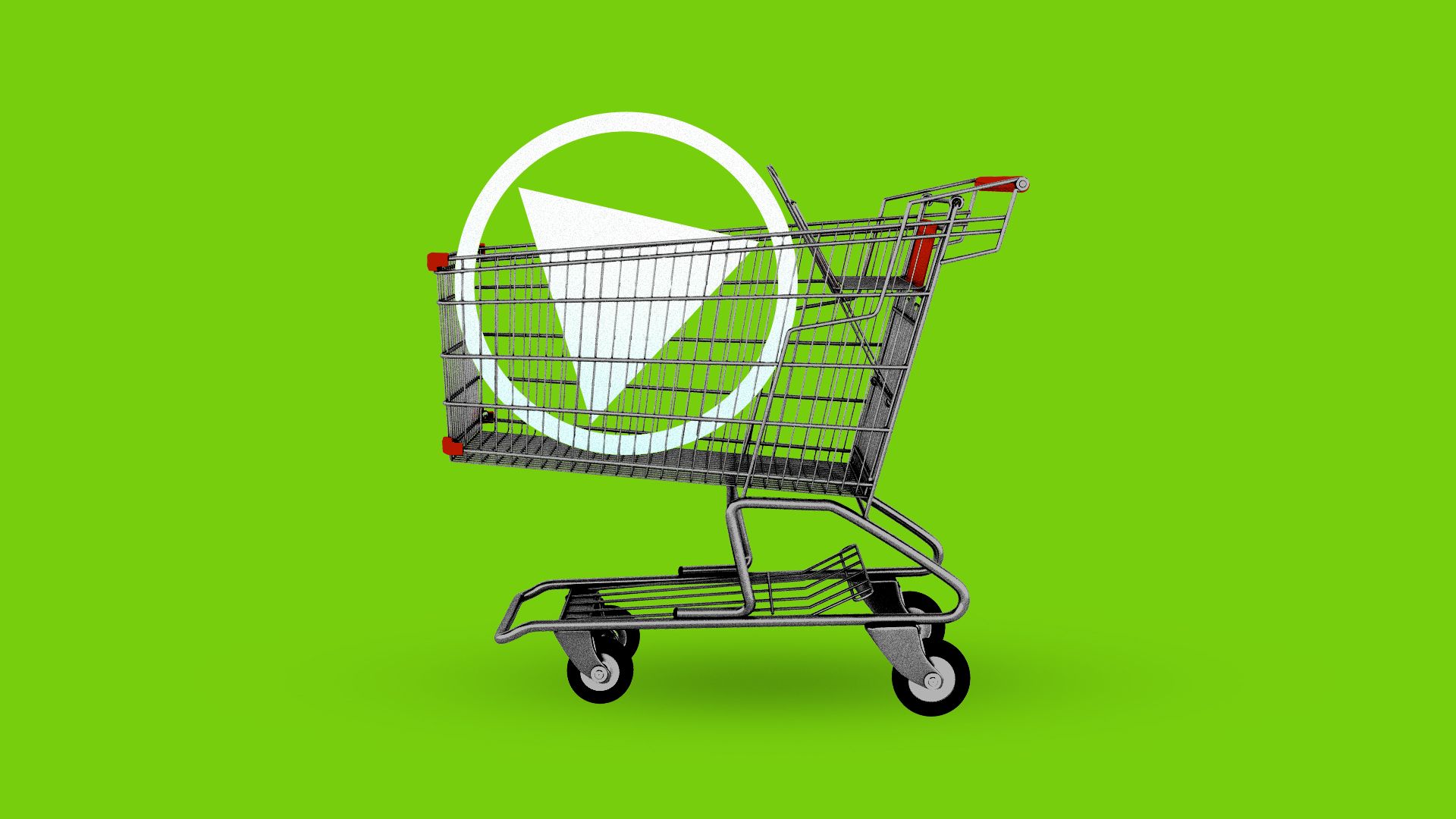 A shopping cart loaded with a giant "play" button like those on web videos 