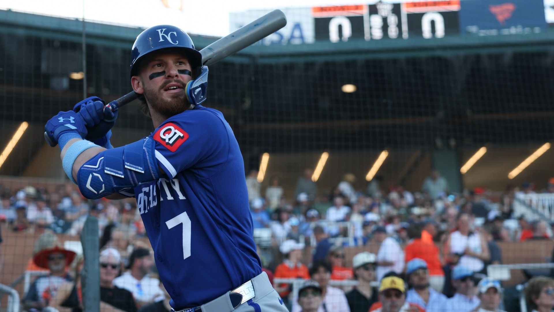 Bobby Witt Jr. #7 of the Kansas City Royals prepares on deck during the game between the Kansas City Royals and the San Francisco Giants at Scottsdale Stadium on Friday, March 20, 2026 in Scottsdale, Arizona.