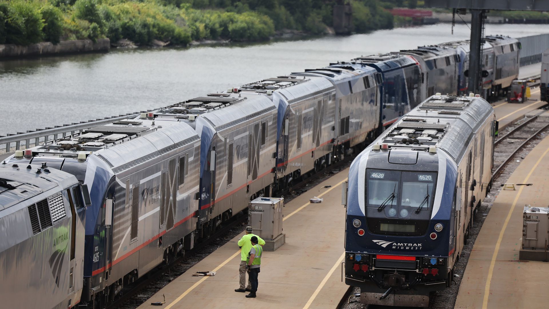 Amtrak trains at a rail in Chicago on Sept. 13. 