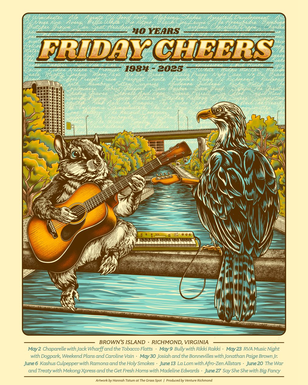 The artwork features local critters, an osprey (shout out Osprey Cam) and an eastern grey squirrel, jamming on the 7 th Street pedestrian bridge that crosses the canal to Brown's Island. The names of bands that have played Fri day Cheers in the past can be faintly seen in the sky