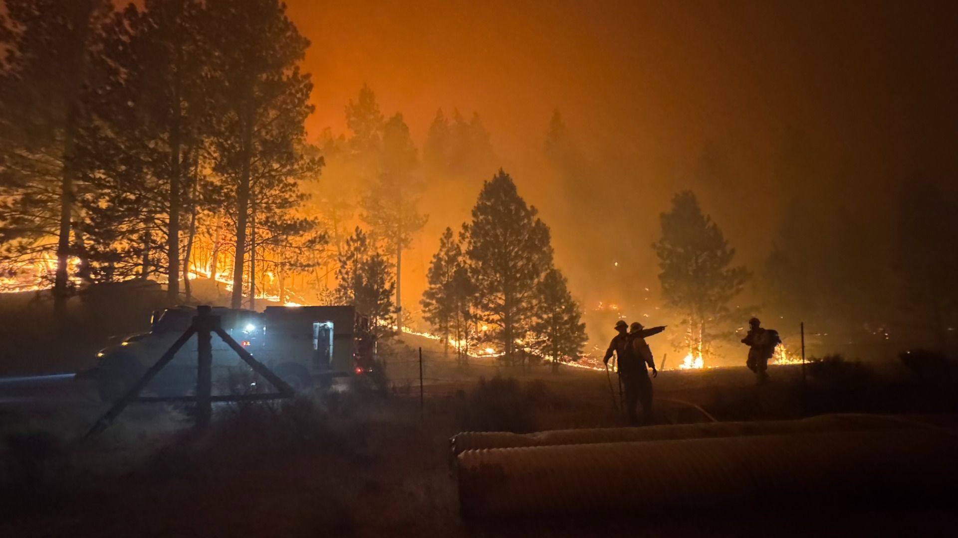 Nighttime wildfire scene with orange flames and thick smoke among trees; silhouettes of firefighters on the right directing a hose, and a vehicle with gear in the foreground.
