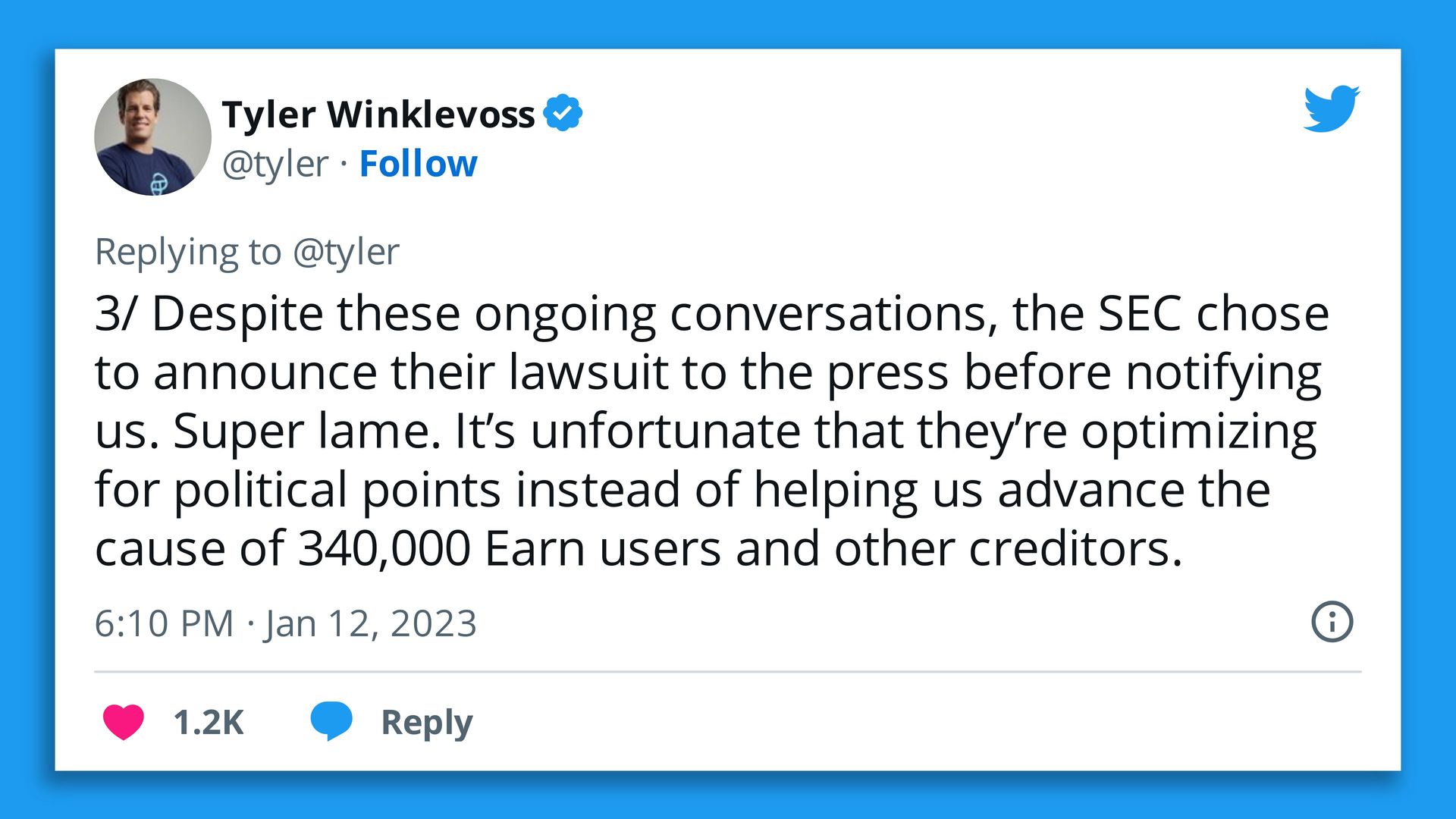 Tweet from Tyler Winklevoss calling SEC charges "Super lame"
