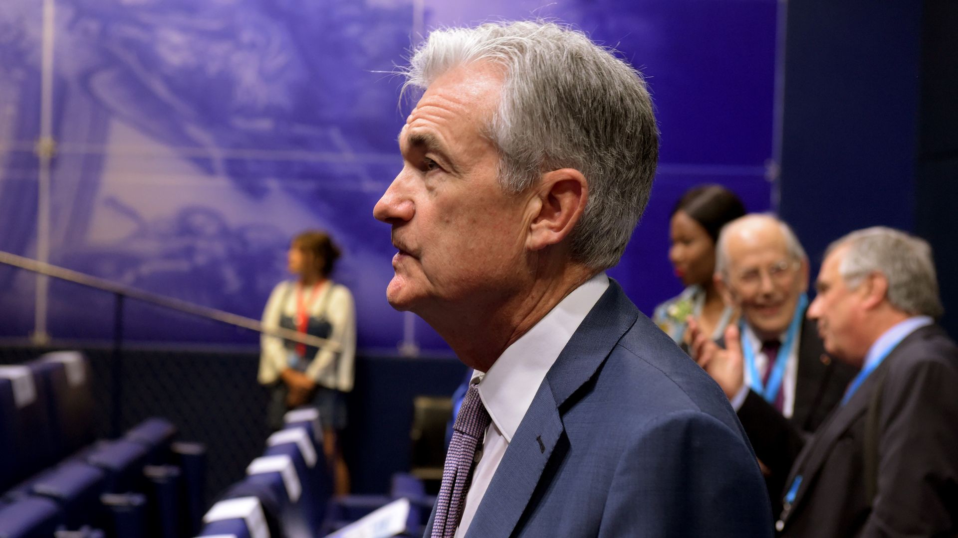 US Federal Reserve Board Chairman Jerome Powell attends a conference on the theme "Bretton Woods: 75 years later - Thinking about the next 75 years" at the Banque de France headquarters in Paris