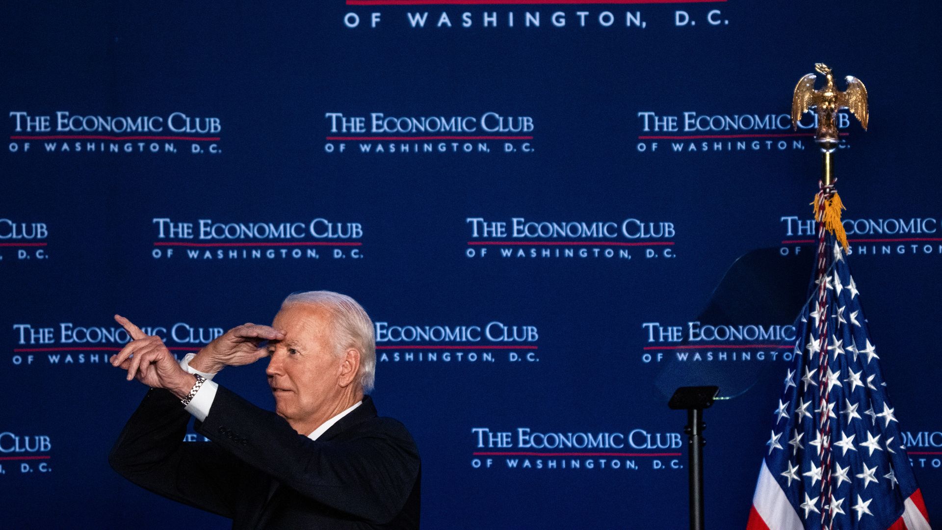 President Biden points to the audience yesterday after speaking at the Economic Club of Washington, D.C.