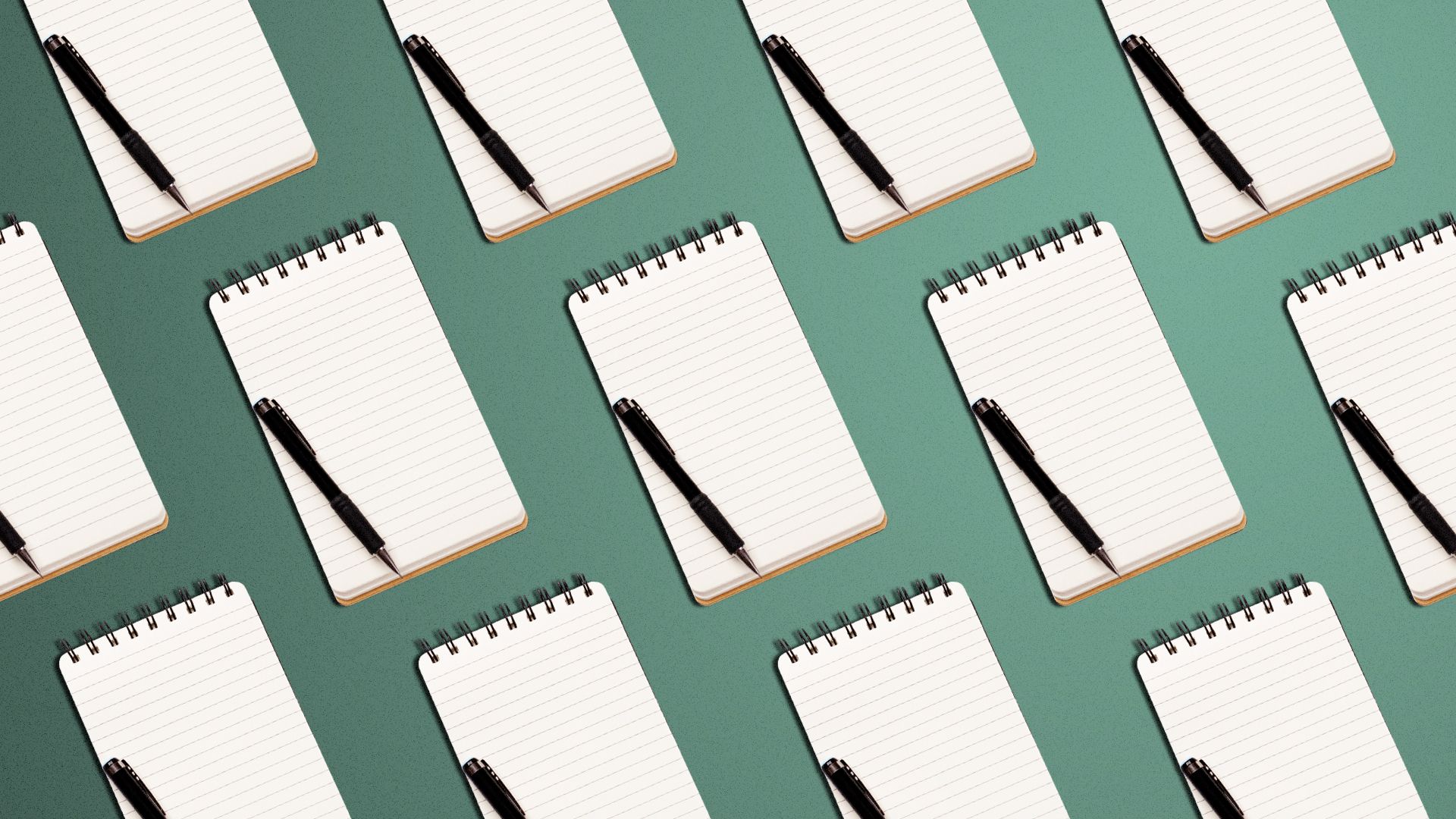 Illustration of a repeating pattern of notepads and pens.