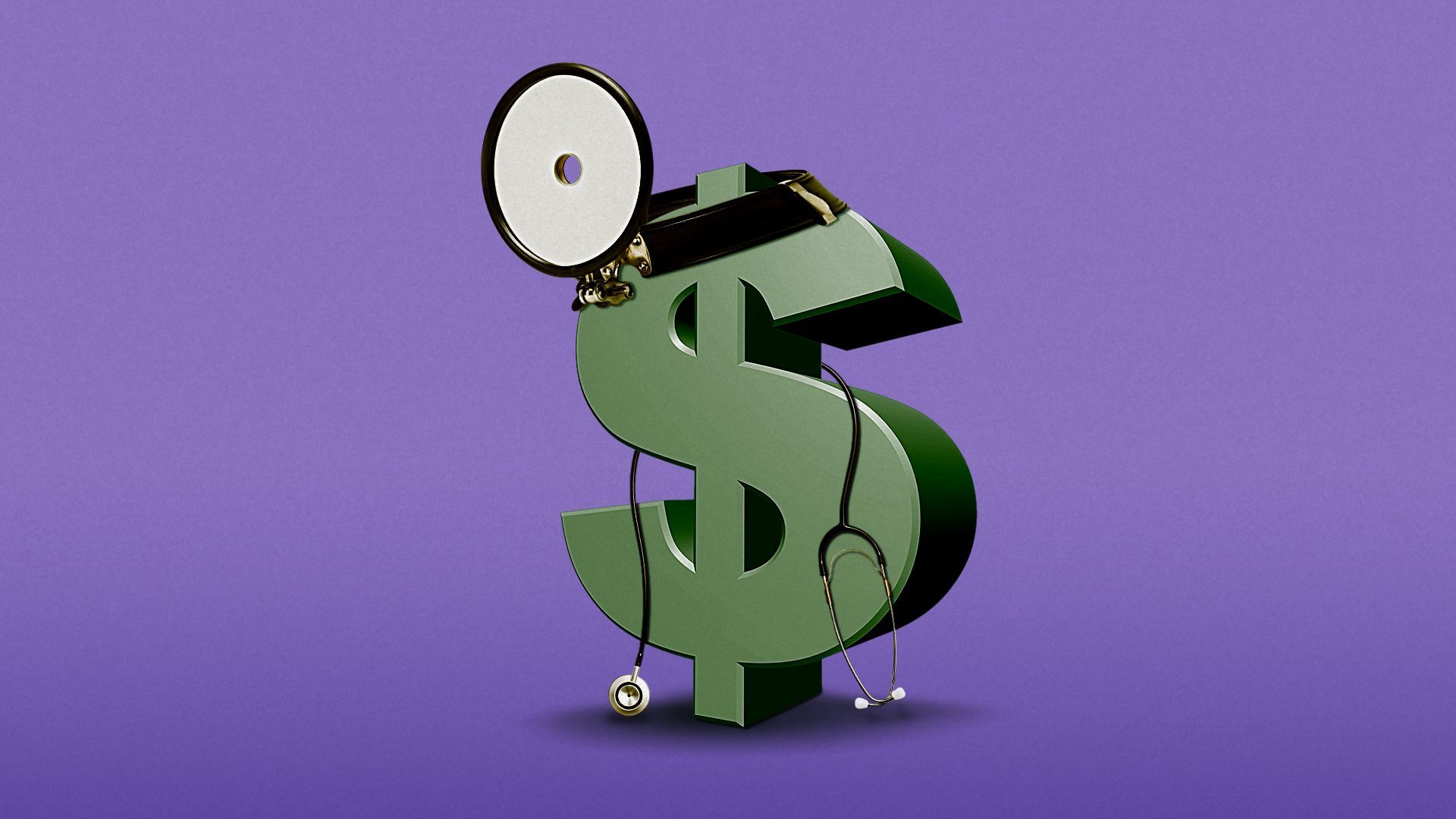 Illustration of a dollar sign wearing an otolaryngologist's mirror and stethoscope.