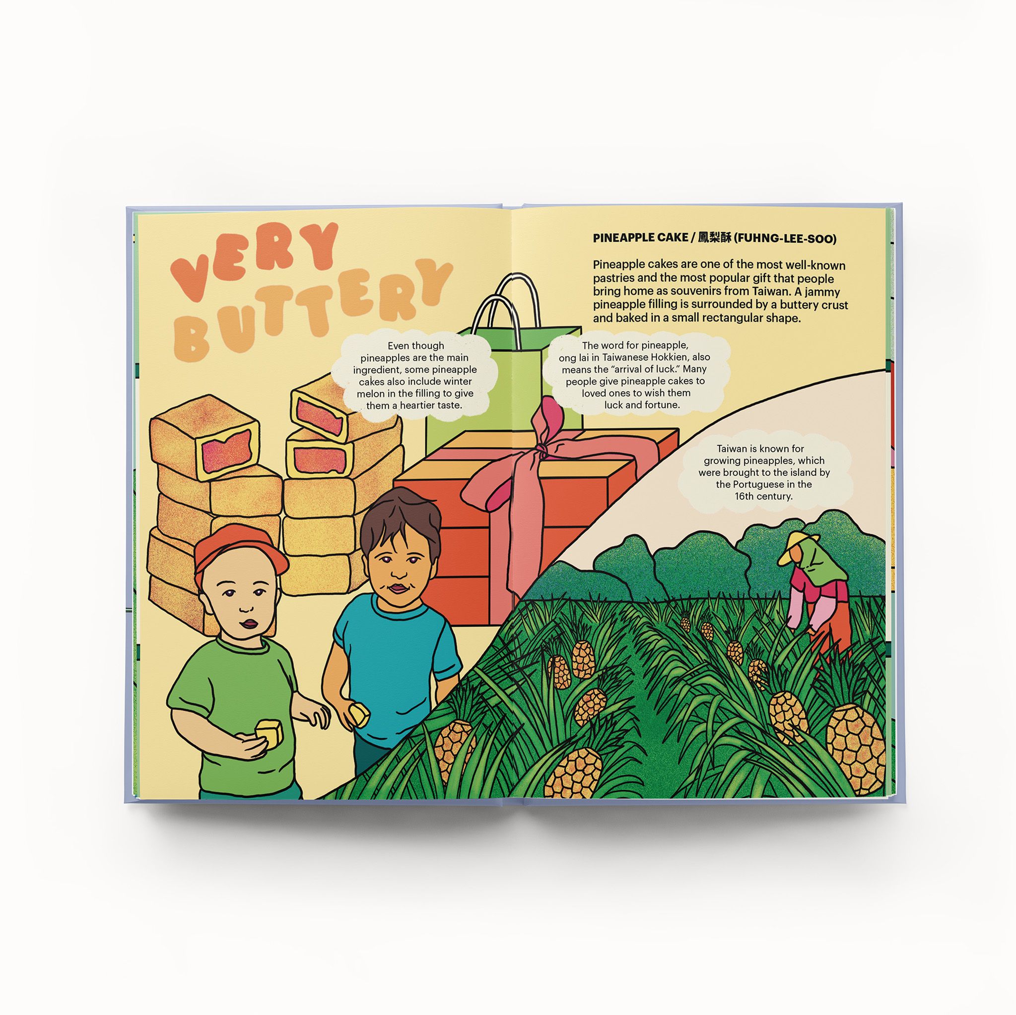 Illustrated book spread about pineapple cake, featuring stacks of square cakes, two children holding cakes, a large gift box, and a pineapple farm scene with a worker in green and red clothes.