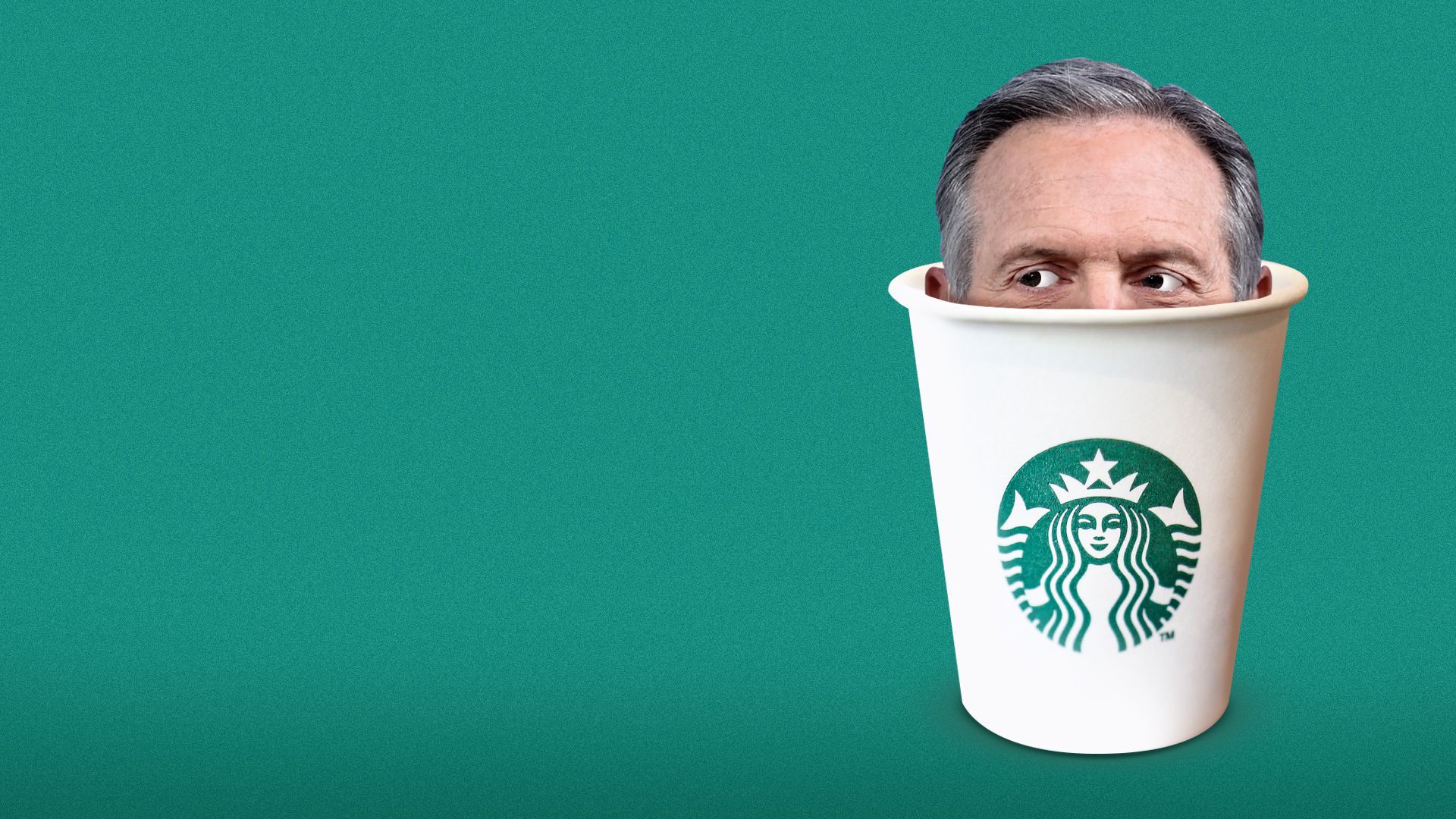 Photo illustration of Howard Schultz peeking out from a Starbucks cup. 