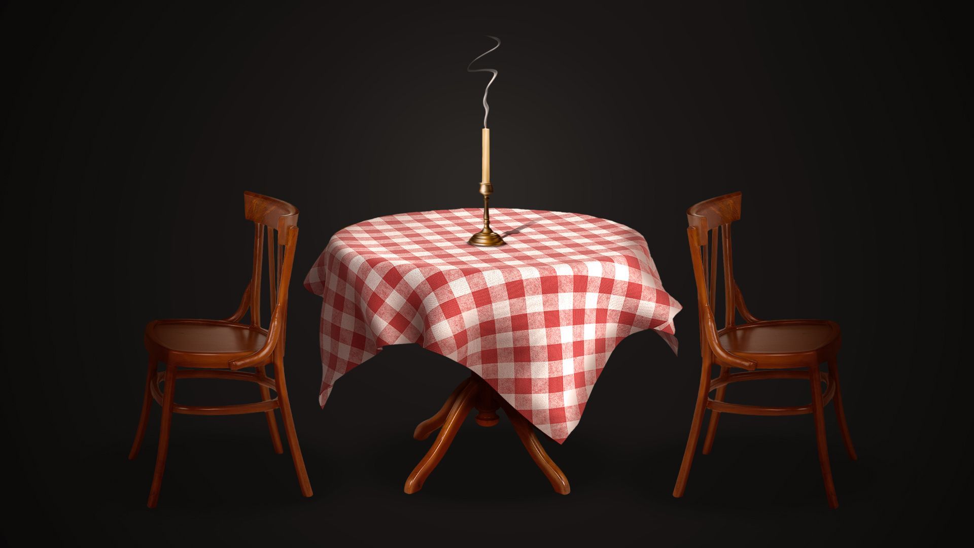 Illustration of a cafe style table and chairs with a red plaid tablecloth, but the chairs are facing away from each other and the candle on the table is blown out. 
