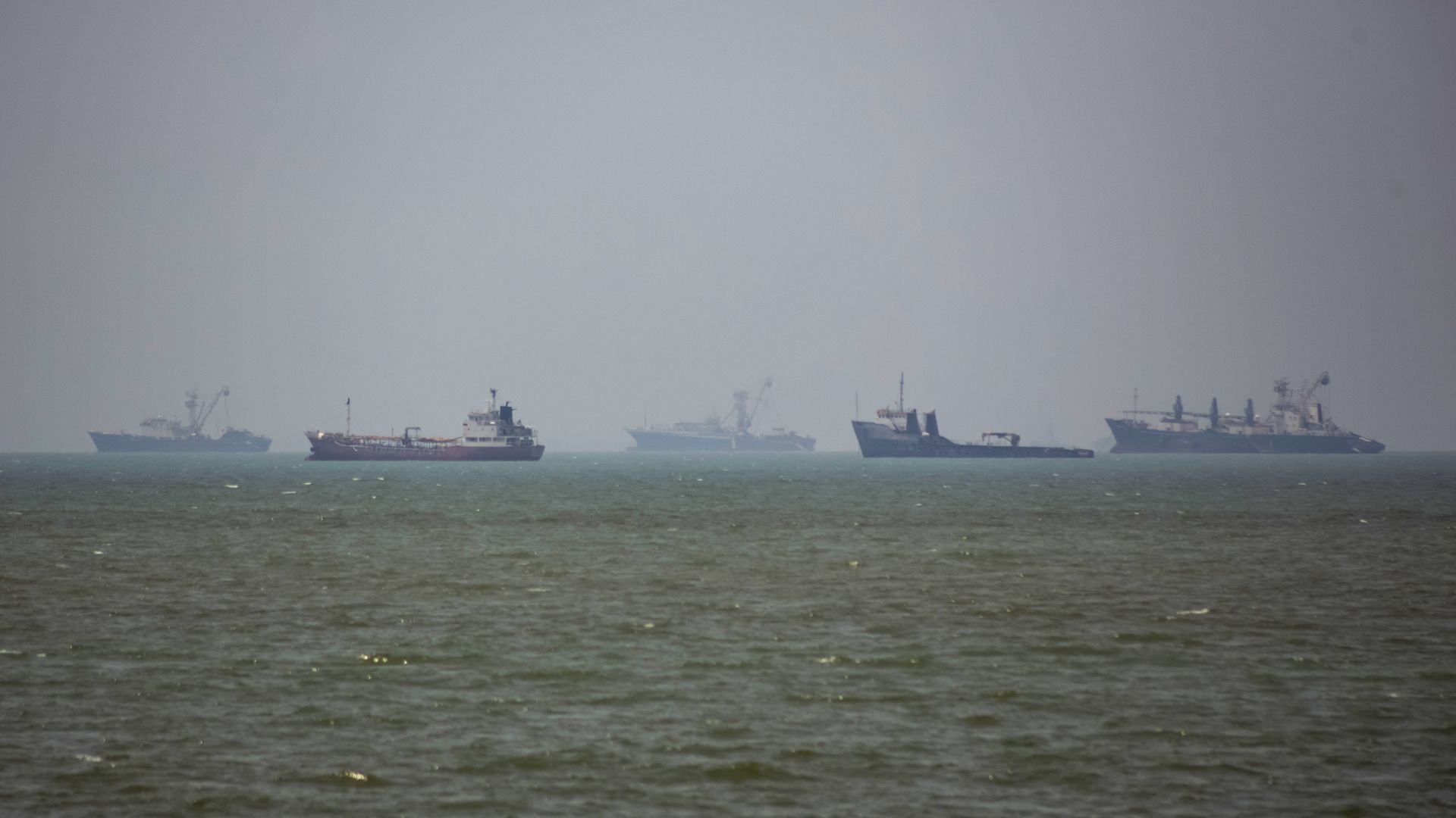 Row of cargo ships on the horizon, cranes visible on some, against a hazy gray sky and calm greenish sea; distant vessels appear as silhouettes.