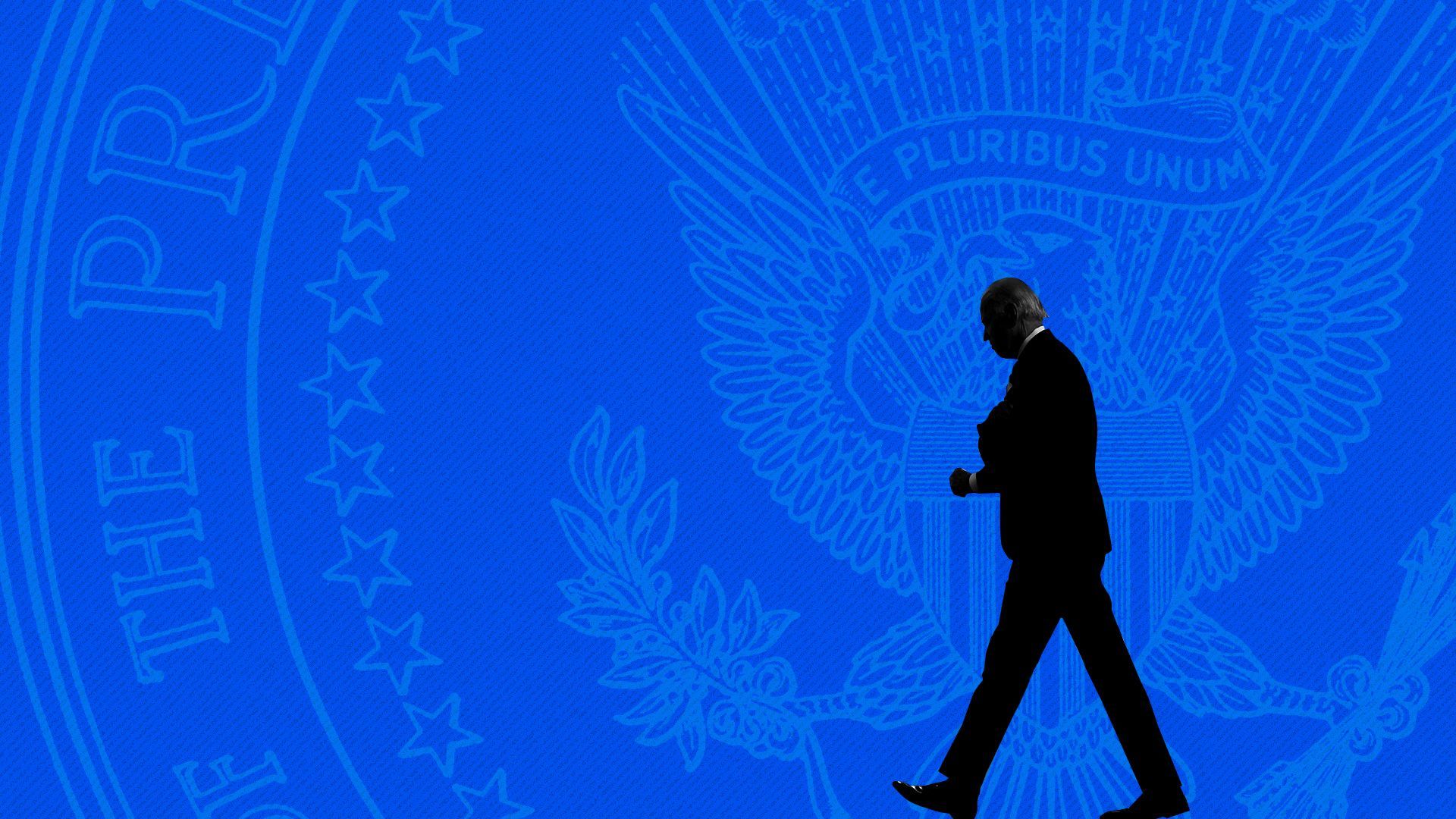 Photo illustration of President Elect Joe Biden walking in front of a giant outline of the POTUS seal. 