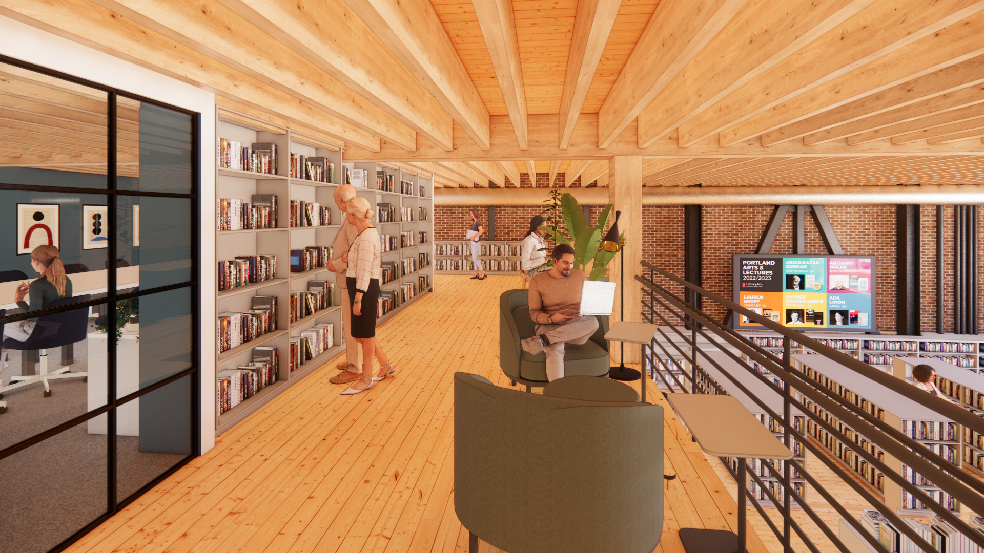 A digital rendering shows people browsing in a modern bookstore with wood beams and floors.