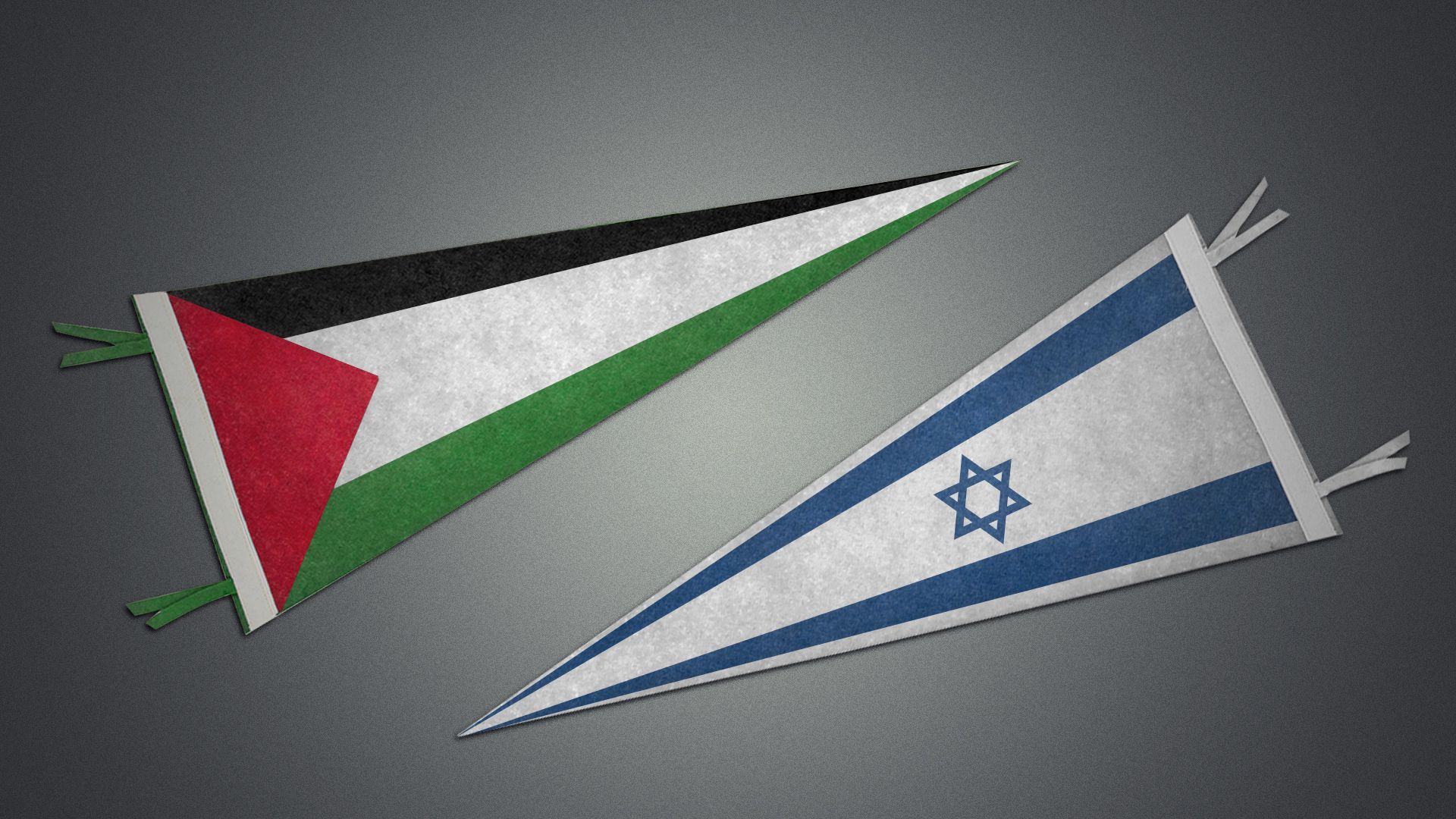 Illustration of Israeli and Palestinian flags stylized as college pennants on a wall.
