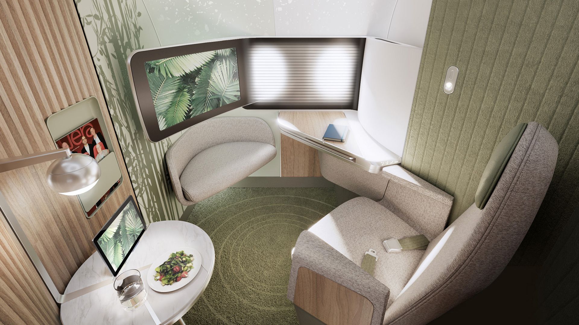 Image of a more spacious first class airplane cabin. as envisioned by Teague, a design firm. 