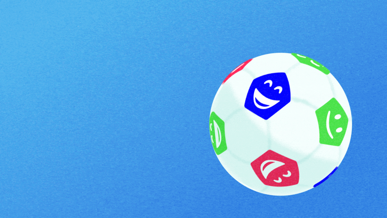 Animated illustration of a spinning soccer ball, with smiley faces in the pentagon shapes.