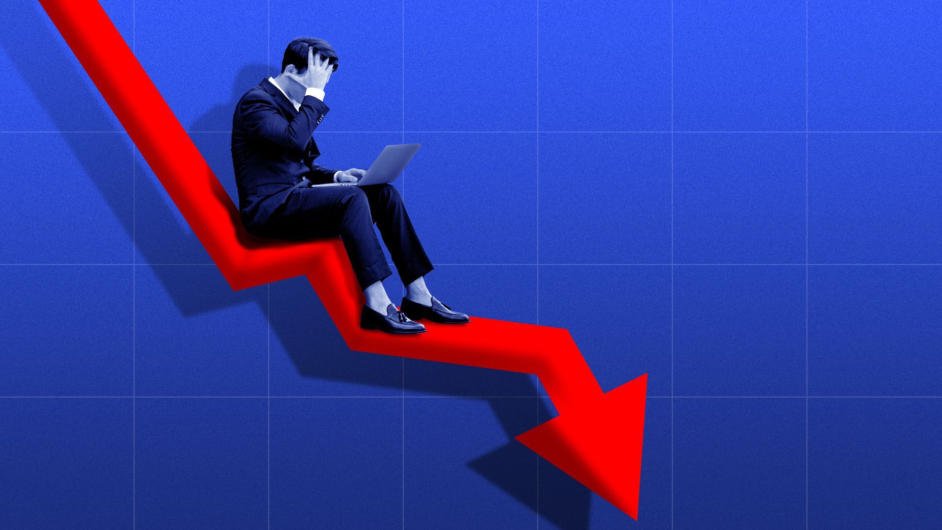 Illustration of a stressed out businessman on a laptop sitting on a downward trending arros