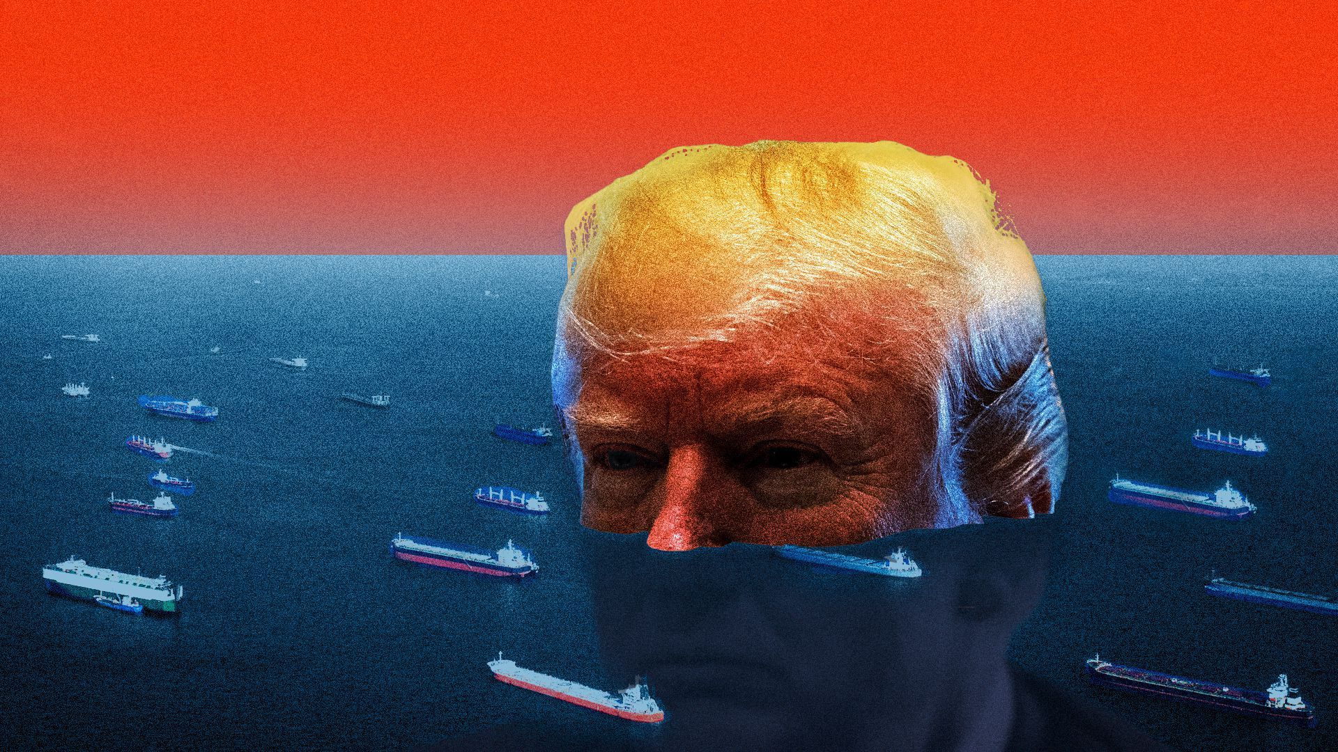 Illustration of Trump hiding in the water watching cargo ships
