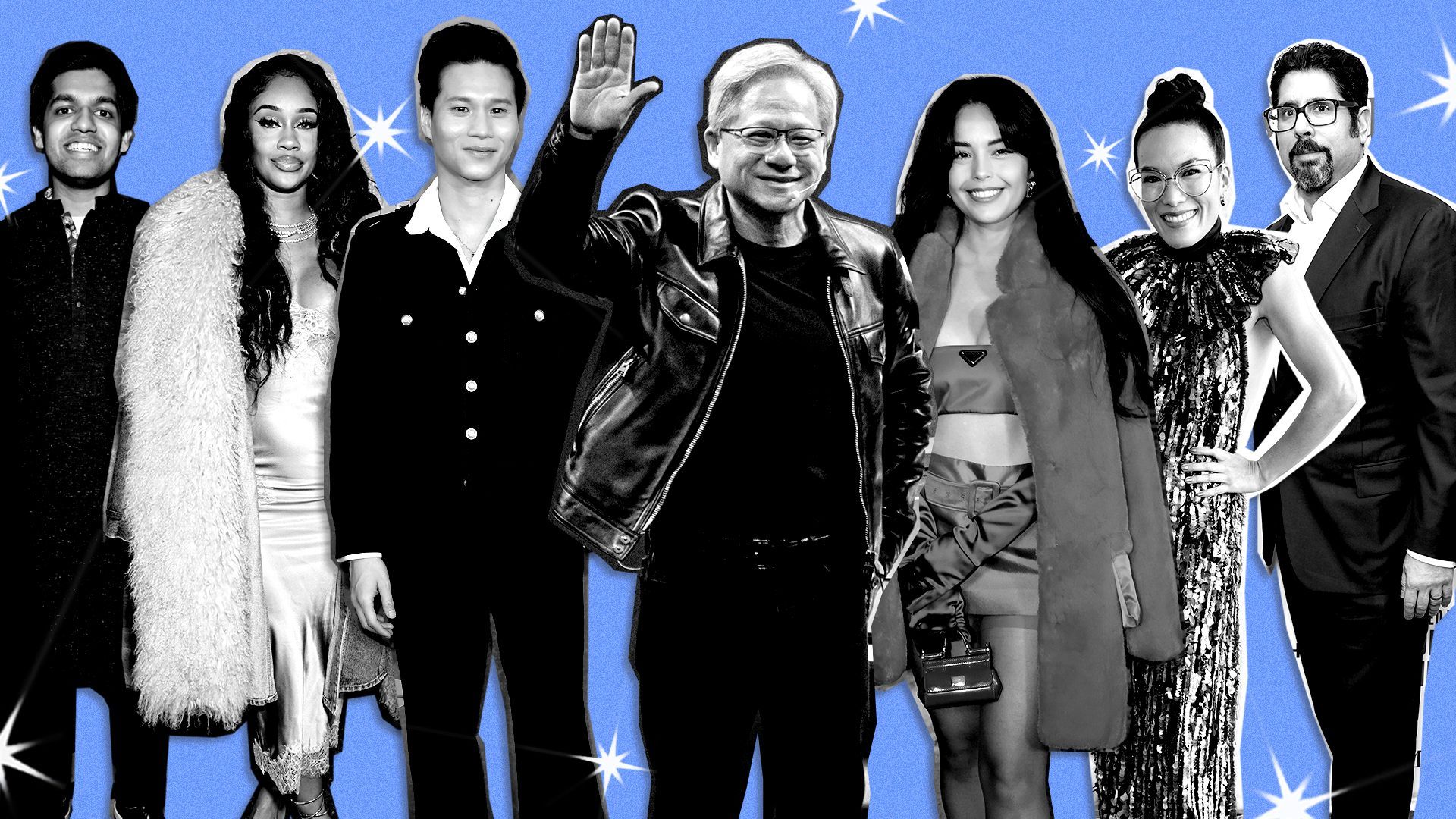 Photo illustration of Ziad Ahmed, Saweetie, Hoa Xuande, Jensen Huang, Rachell Hofstetter aka Valkyrae,  Ali Wong, and Anish Melwani lined up surrounded by star graphics.