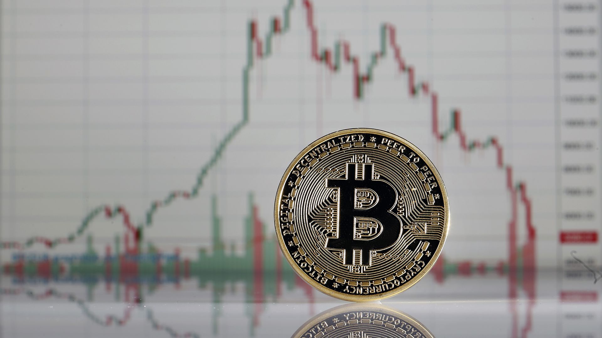 An illustration of a bitcoin with price charts in the background.