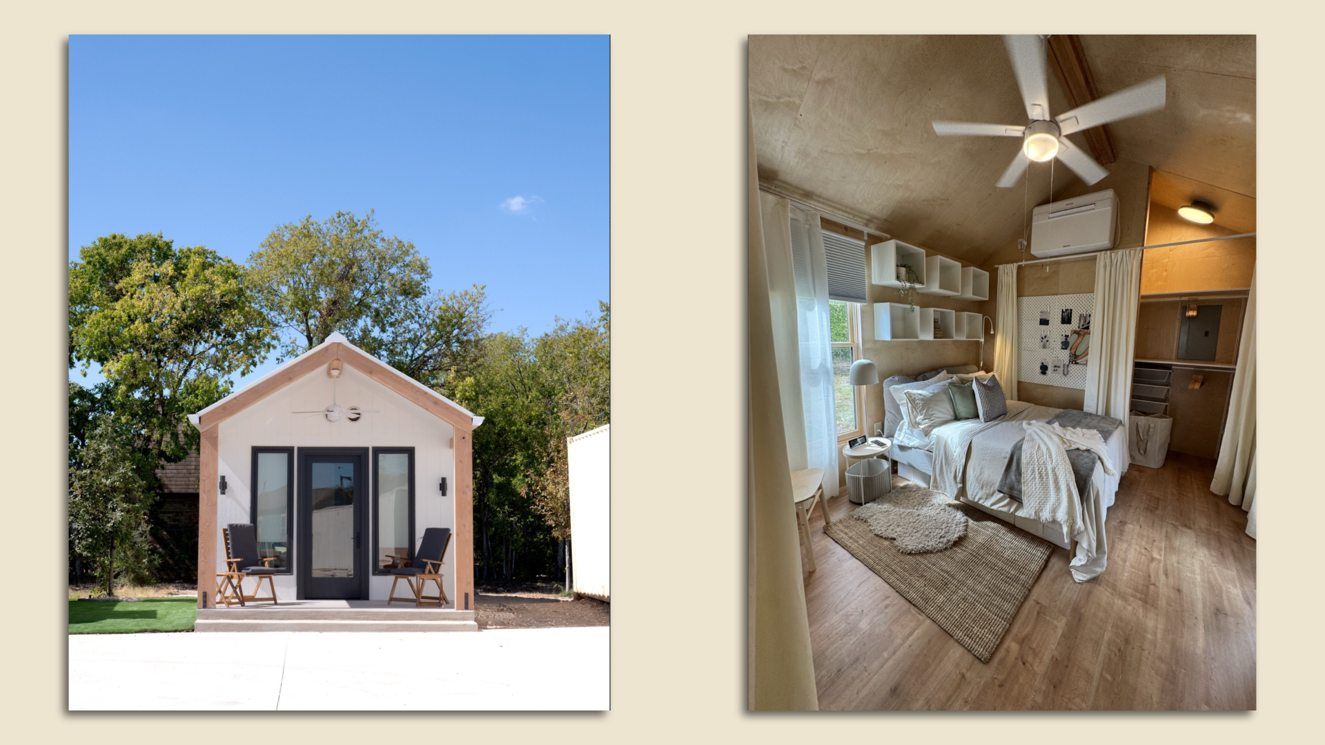 Side-by-side image shows the neutral-colored exterior and interior of a tiny home. 