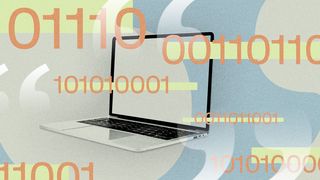 Illustration of a computer with quotes, binary numbers, and abstract shapes.