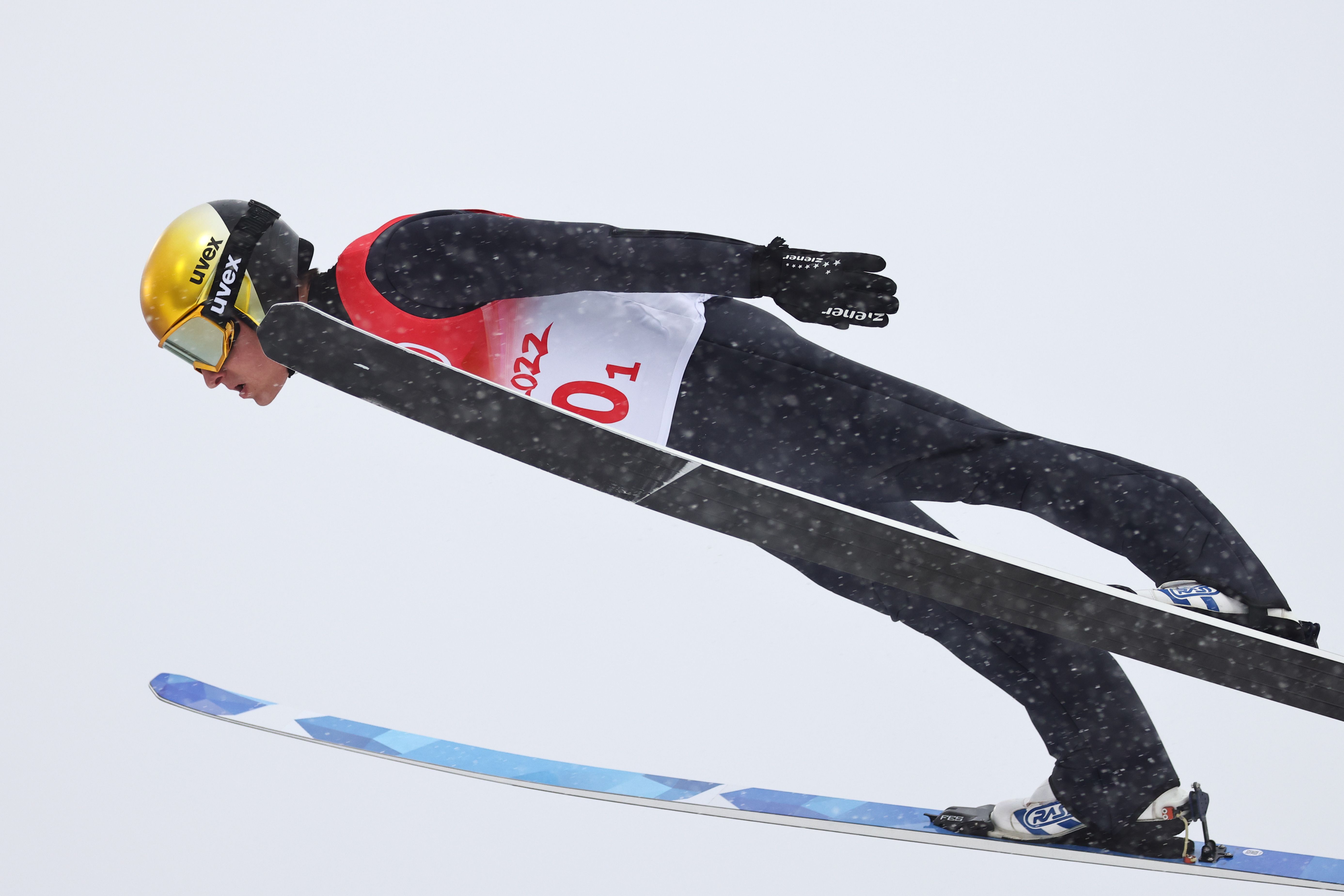 Manuel Faißt of Germany in action in the Beijing Winter Olympics Nordic combined Feb. 17.