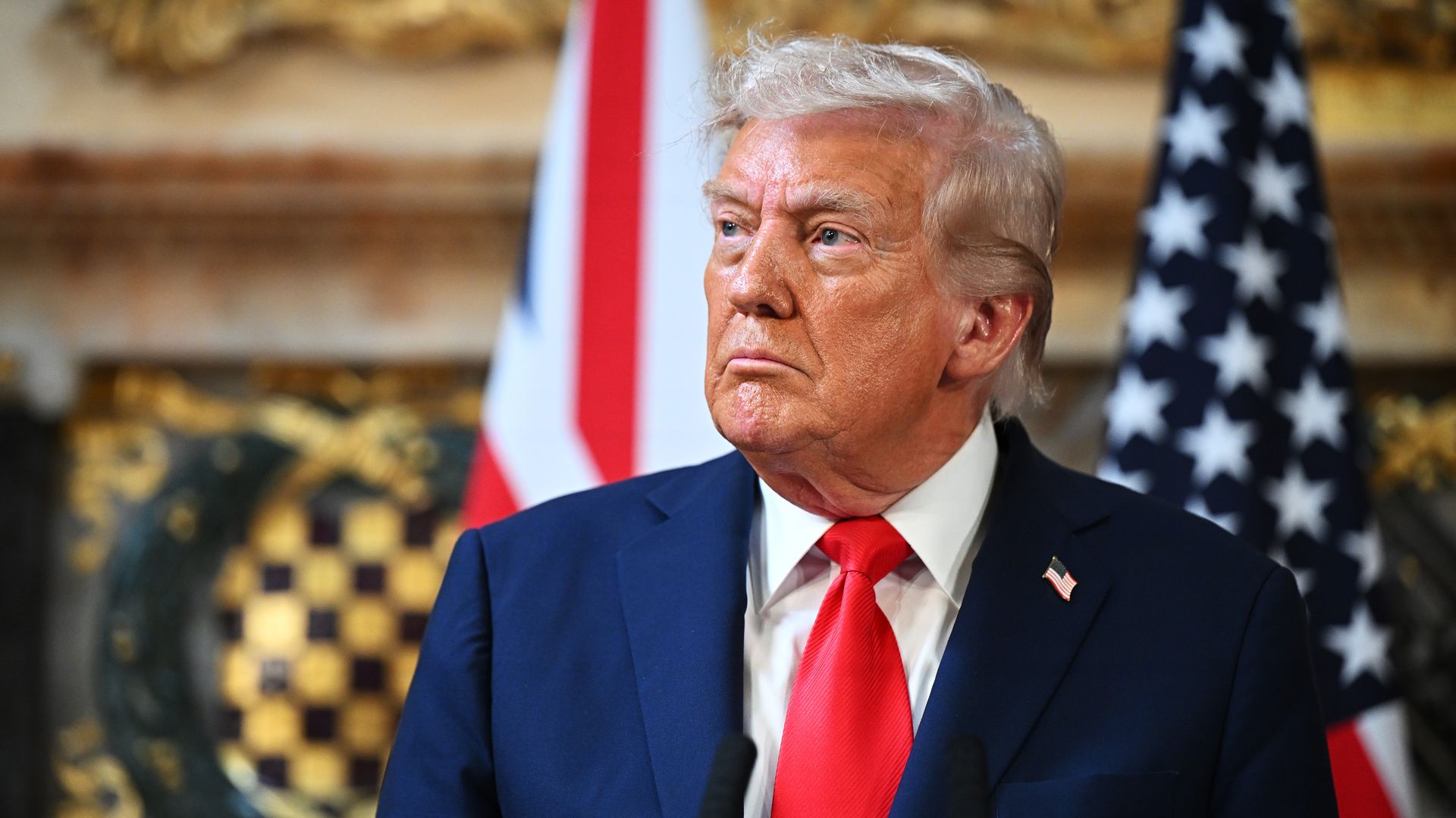 U.S. President Donald Trump attends a press conference with UK Prime Minister Keir Starmer (not pictured) at Chequers at the conclusion of a state visit on September 18, 2025 in Aylesbury, England.