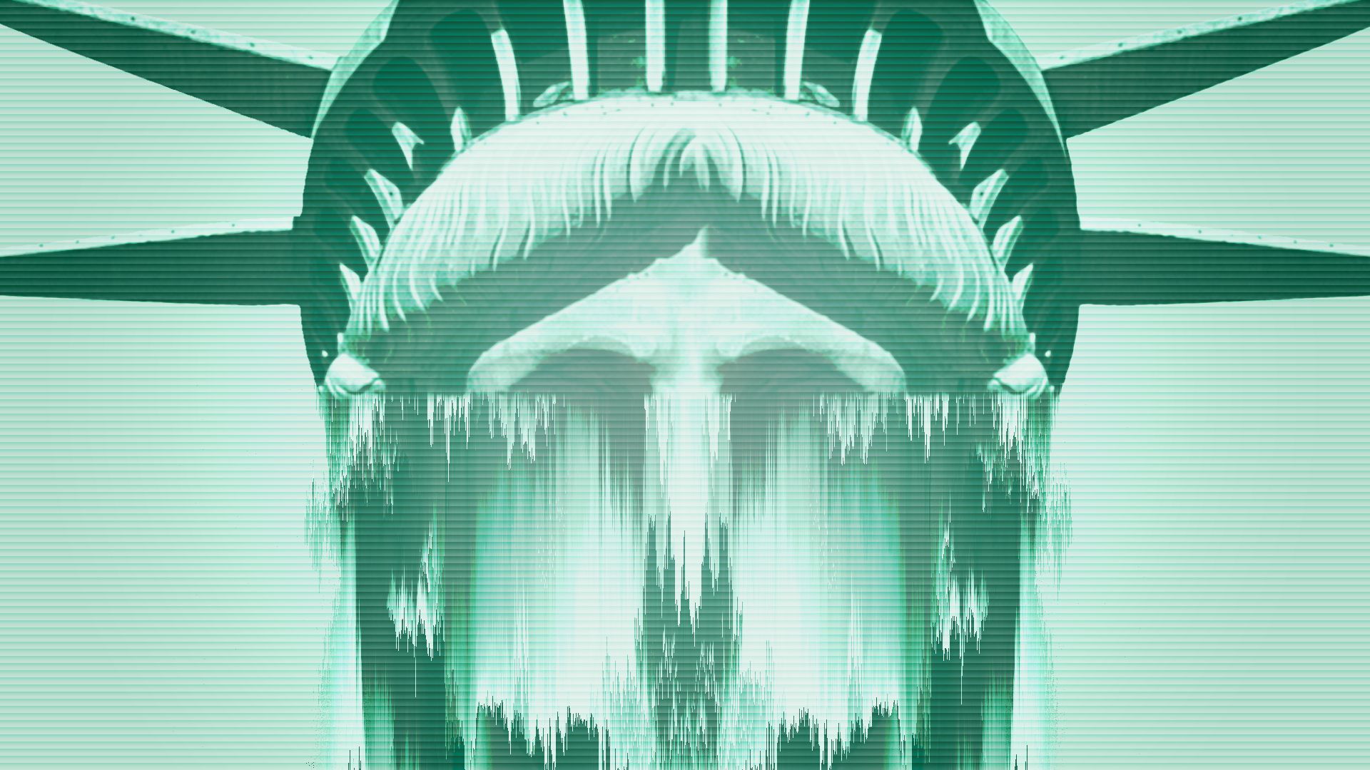 Illustration of a close up of the Statue of Liberty's face with the bottom half melting off into stretched pixels falling off screen. 