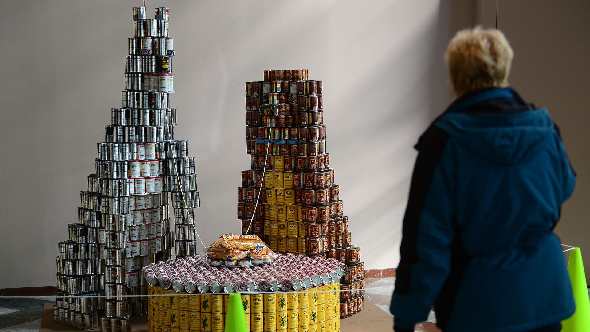 Photo of two towers of food cans