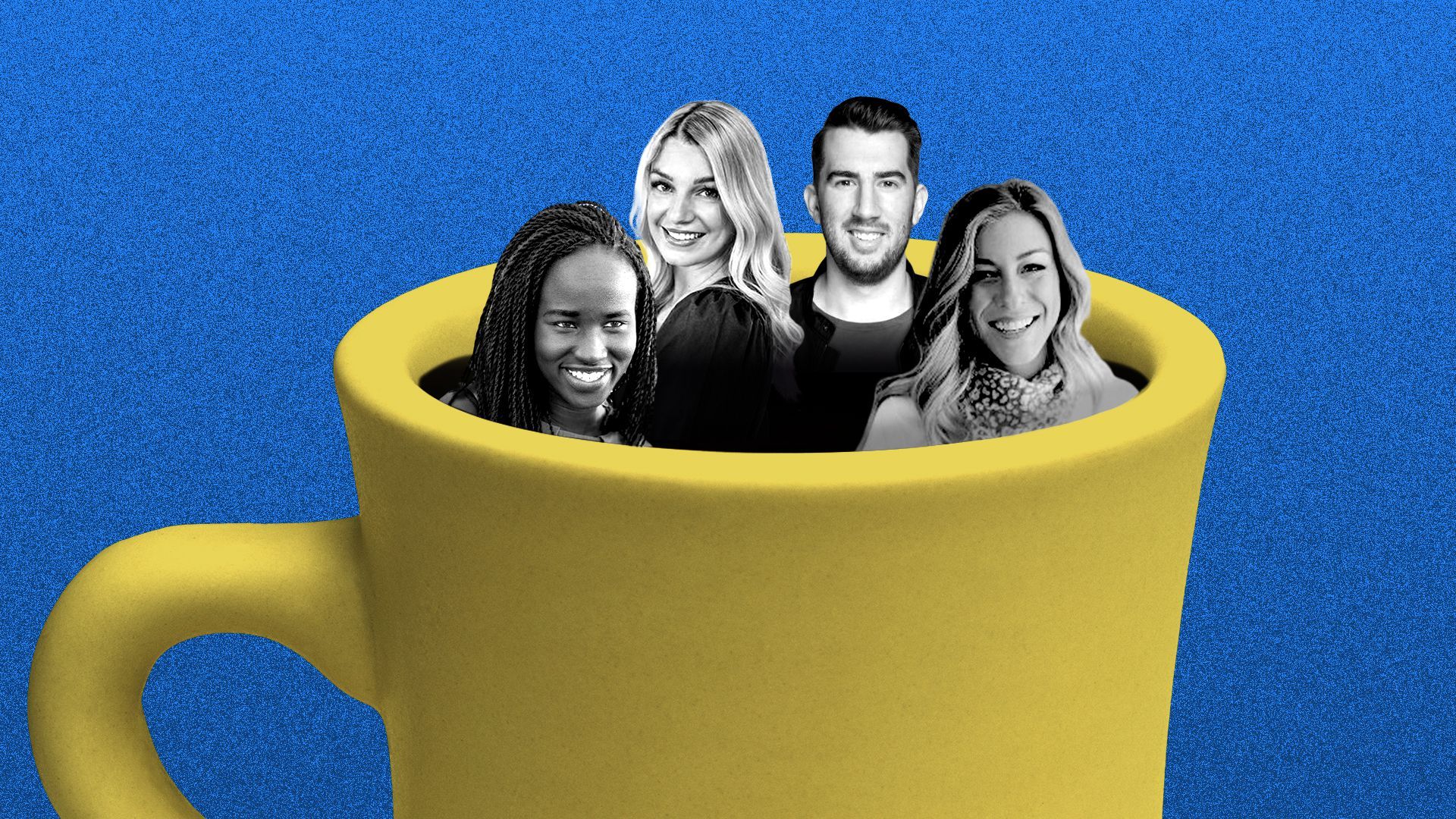 Photo illustration of, from left, Sigin Ojulu, Emma Chieppor, Jack Appleby and Katie Gatti in a coffee mug.