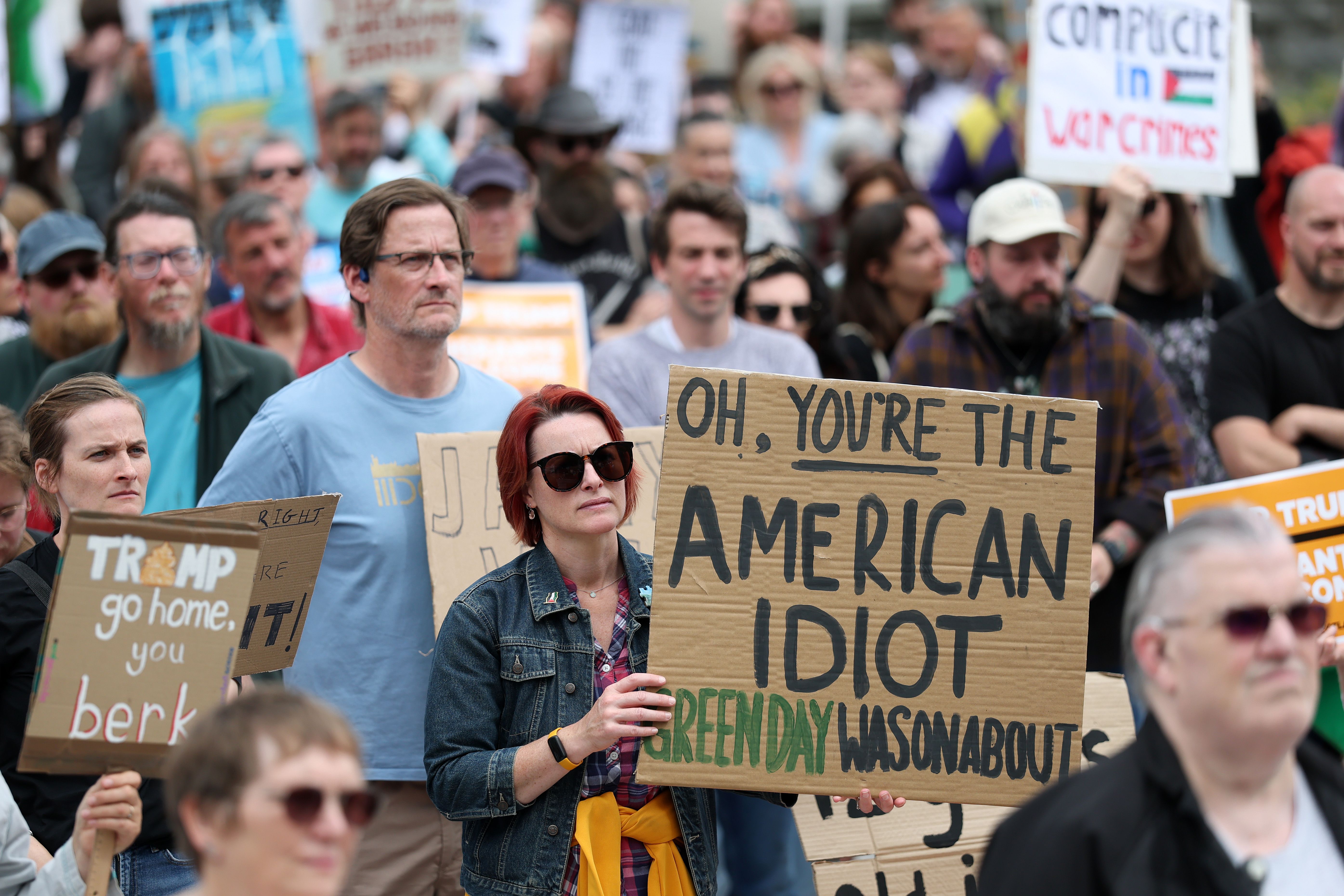 Demonstrators gather at Union Terrace protesting against the visit of President Trump to Scotland on July 26, 2025 in Aberdeen, Scotland. U.S. President Donald Trump is visiting his Trump Turnberry golf course, as well as Trump International Golf Links in Aberdeenshire, during a brief visit to Scot