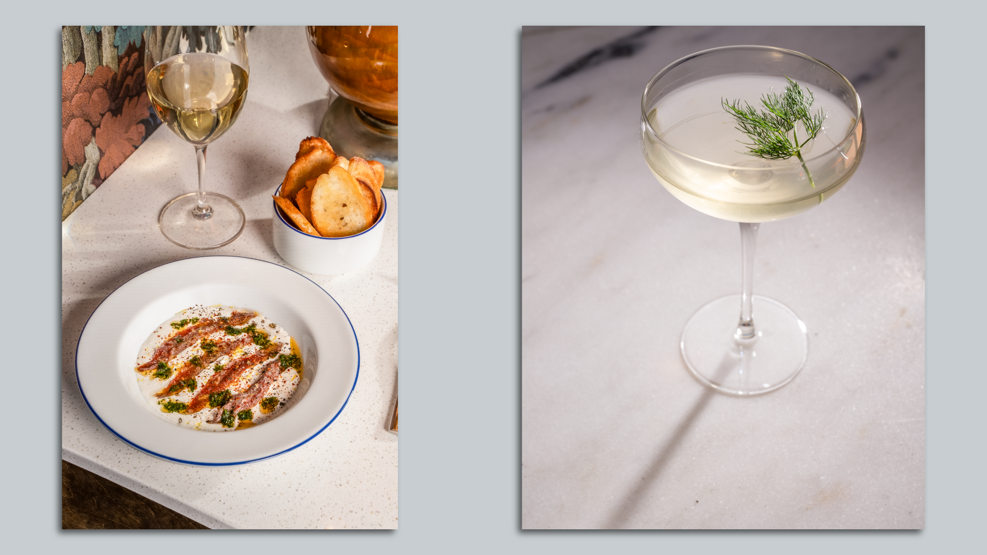 A plate of anchovies and glass of wine (left) and martini with dill on top