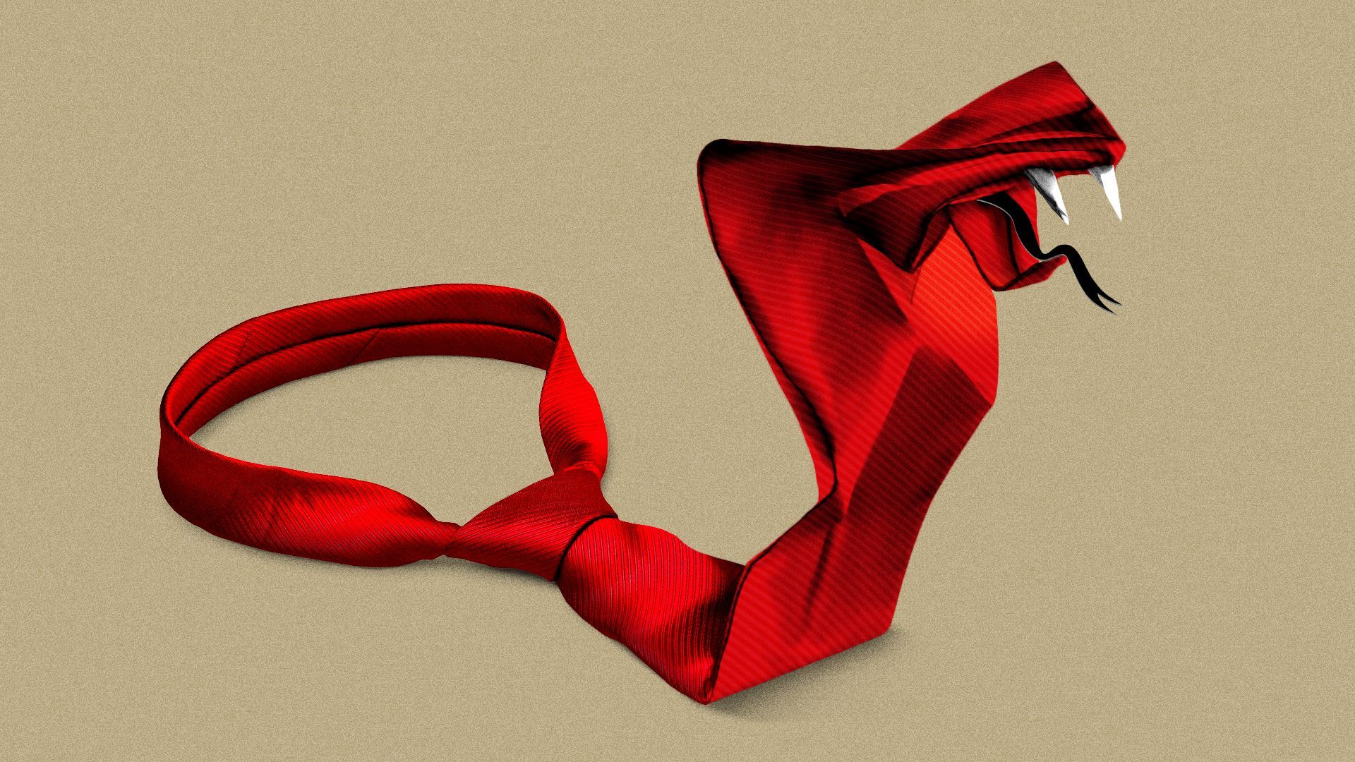 Illustration of a red necktie turning into a hissing snake. 