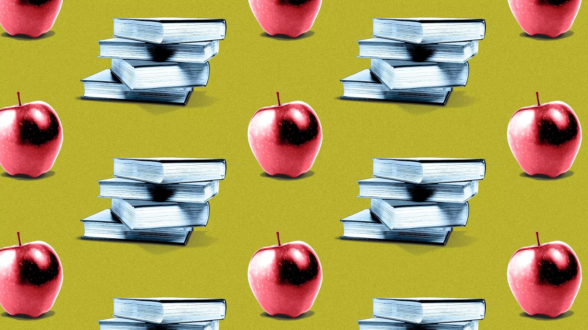 Illustration of a pattern of apples and stacks of textbooks.