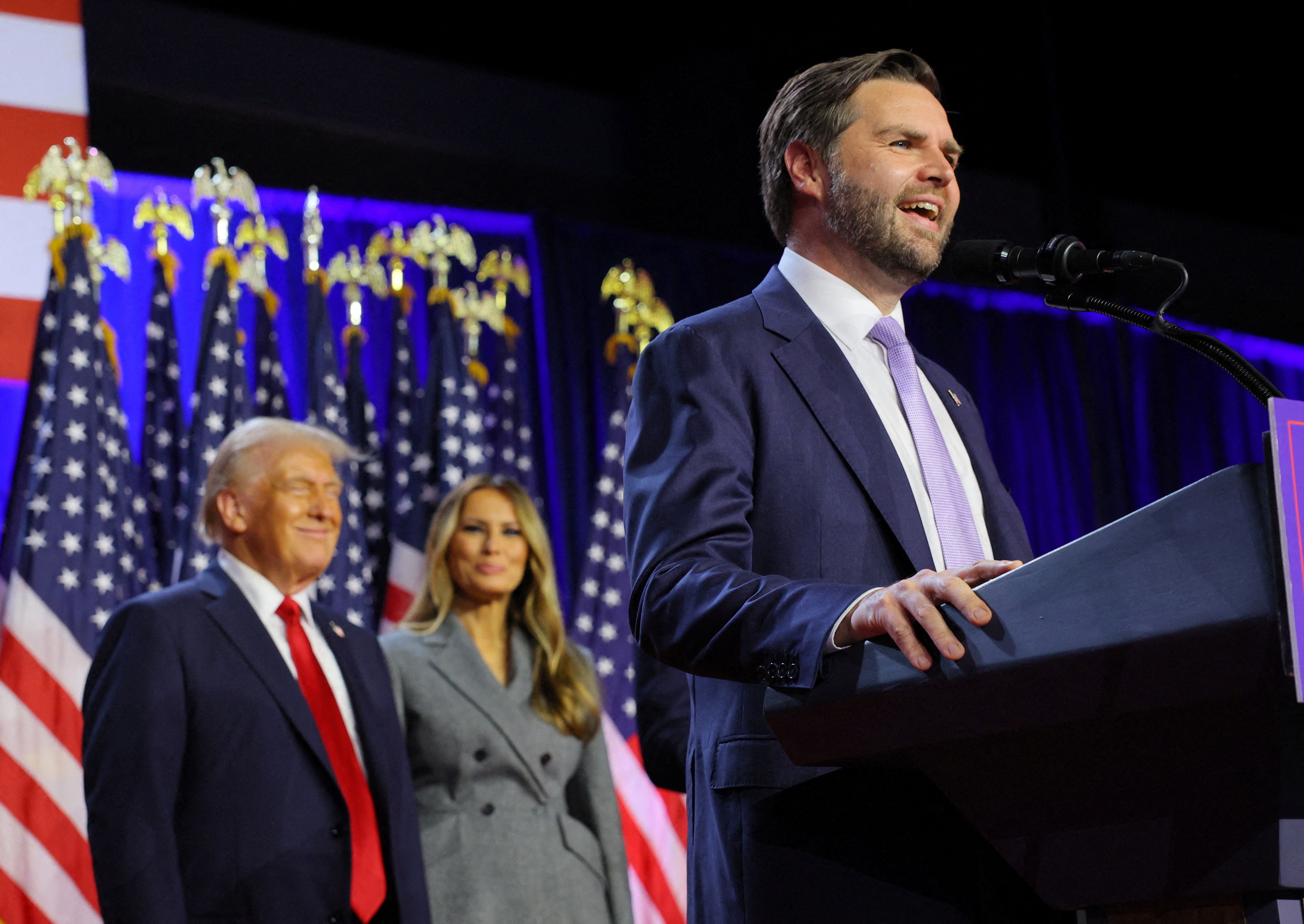 JD Vance joined former President Trump and Melania Trump at the ticket's victory party in West Palm Beach, Fla., early Wednesday.