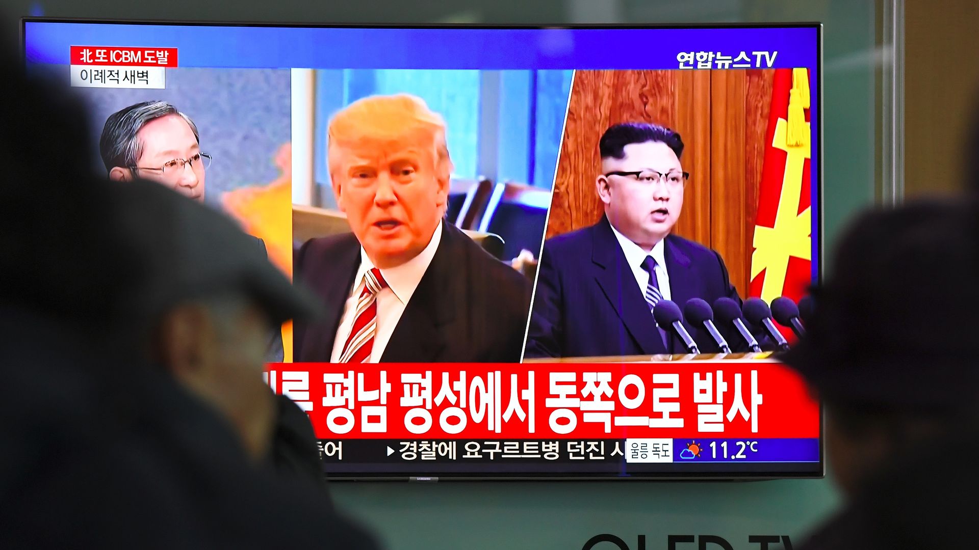 Pictures of Trump and Kim on a TV