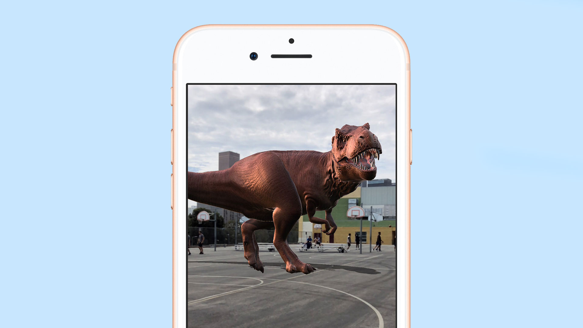An augmented realty dinosaur on an iPhone