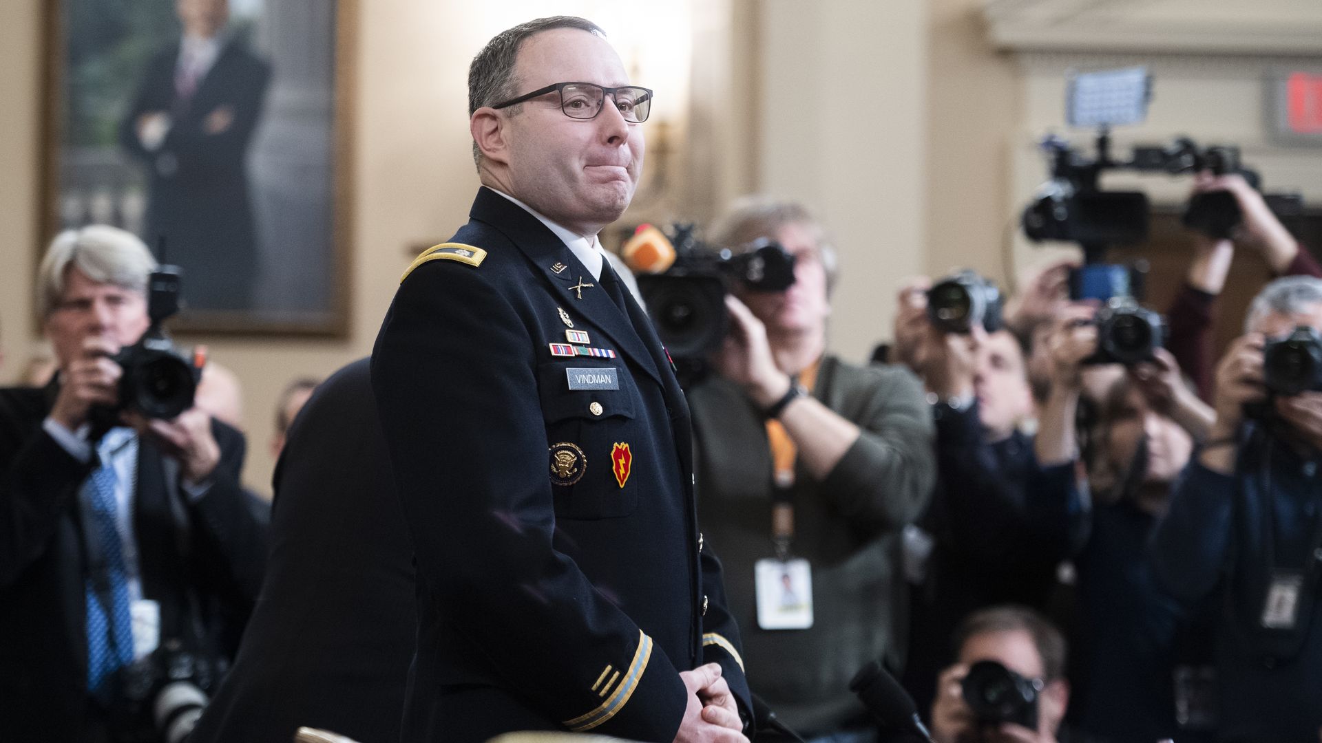 In this image, Vindman stands in uniform before his House testimony on the Hill