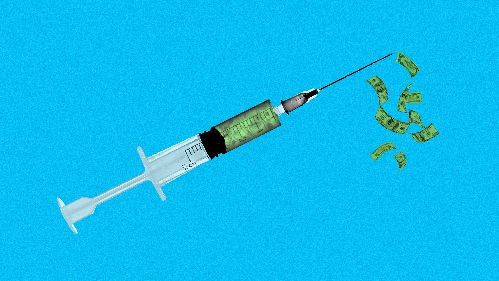 Illustration of a syringe full of cash with some cash coming out.