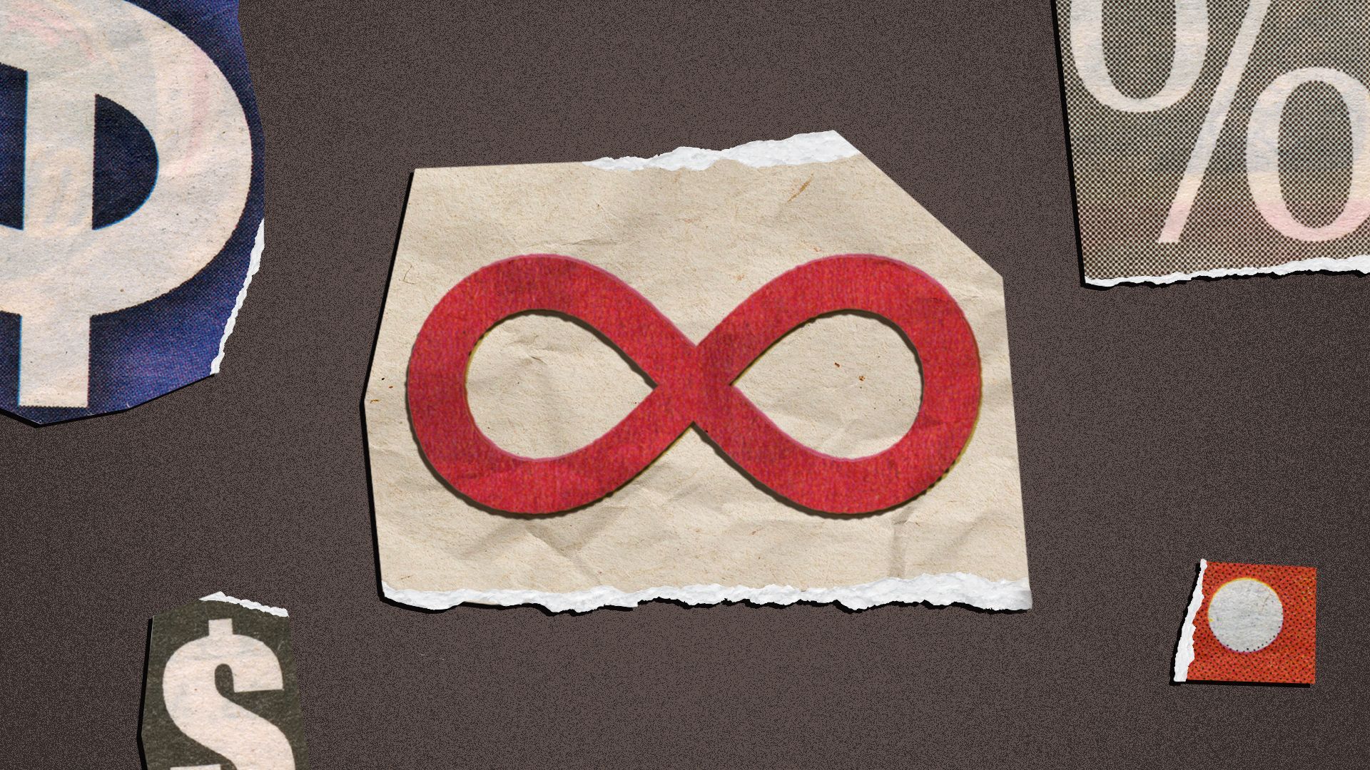 Illustration of cut-out ransom letters with an infinity symbol as the main cut-out letter.