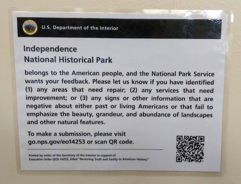 Notice from U.S. Department of the Interior for Independence National Historical Park asking for public feedback on repairs, services, or signs. Includes QR code and a website link for submissions.