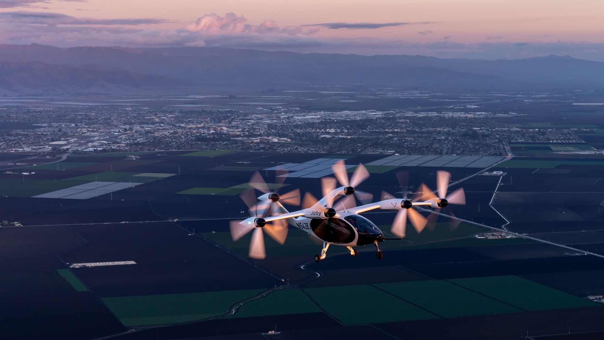 Image of Joby's electric air taxi during a test flight in California. 