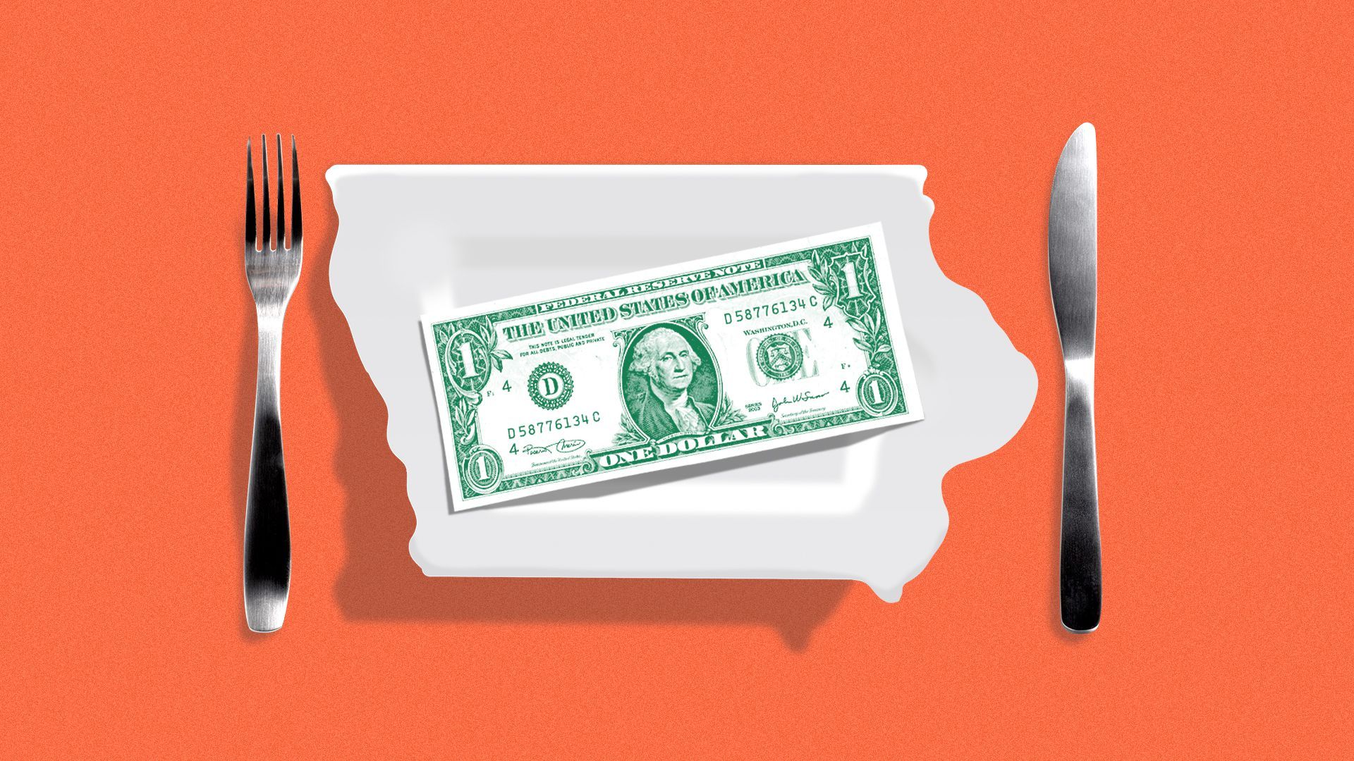 Illustration of a dollar sitting on a plate shaped like the state of Iowa.