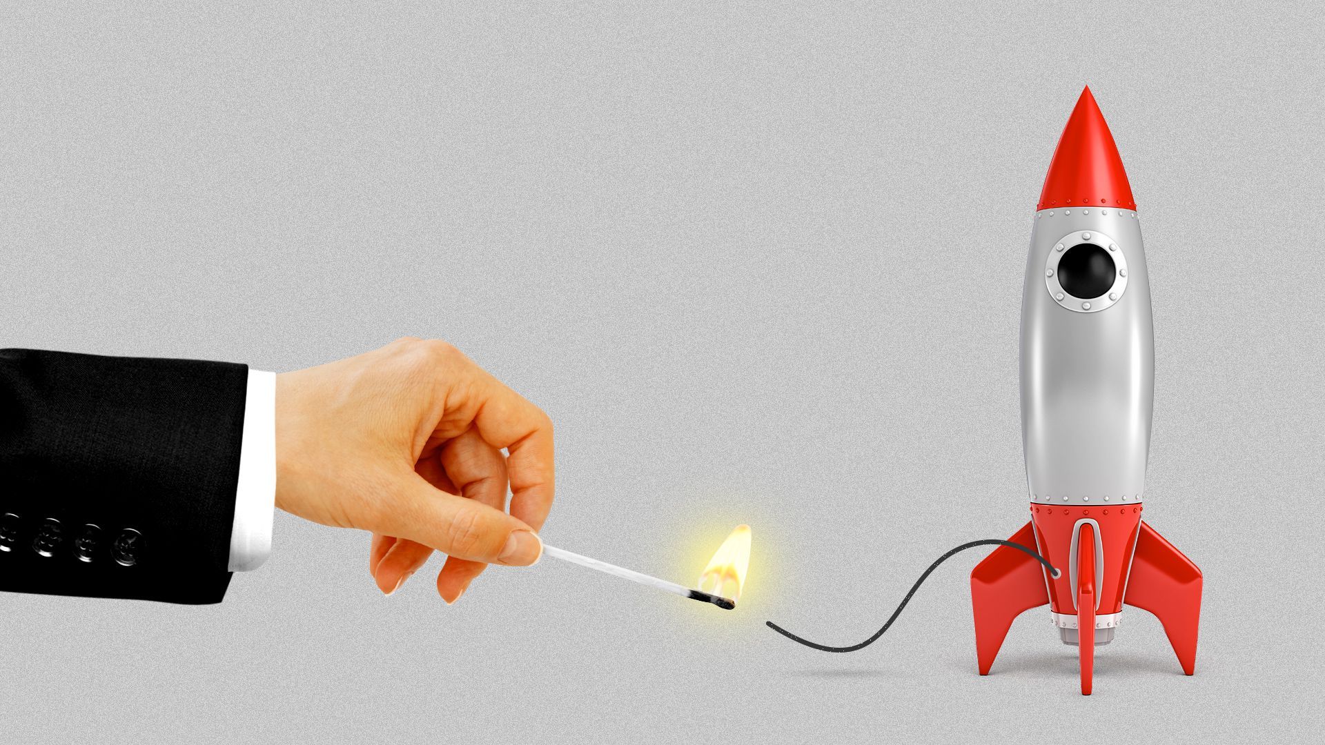 Illustration of a hand lighting the fuse of a rocket. 