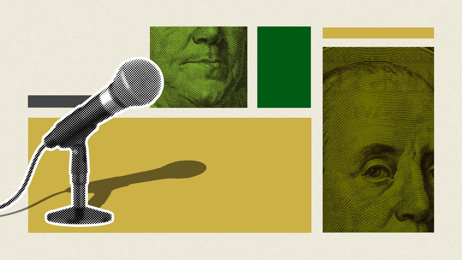 Illustration of a microphone surrounded by abstract square shapes and cash bill cut outs. 